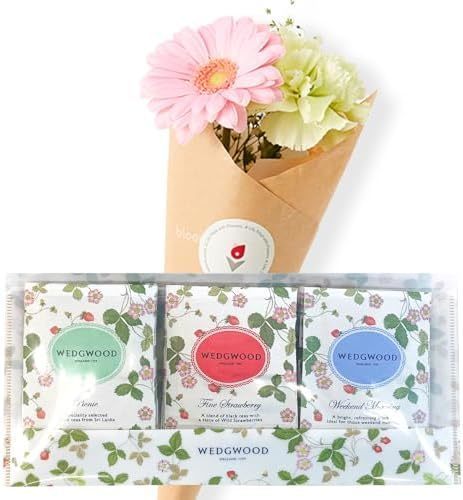 WEDGWOOD ワイルド ストロベリー ティーバッグ と 季節のお花ブーケ(4本)