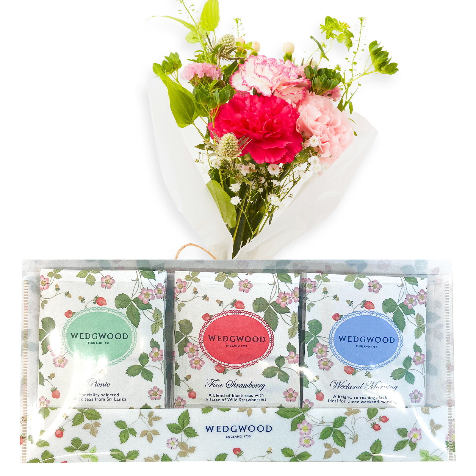 WEDGWOOD ワイルド ストロベリー ティーバッグ と 季節のお花ブーケ(8本)