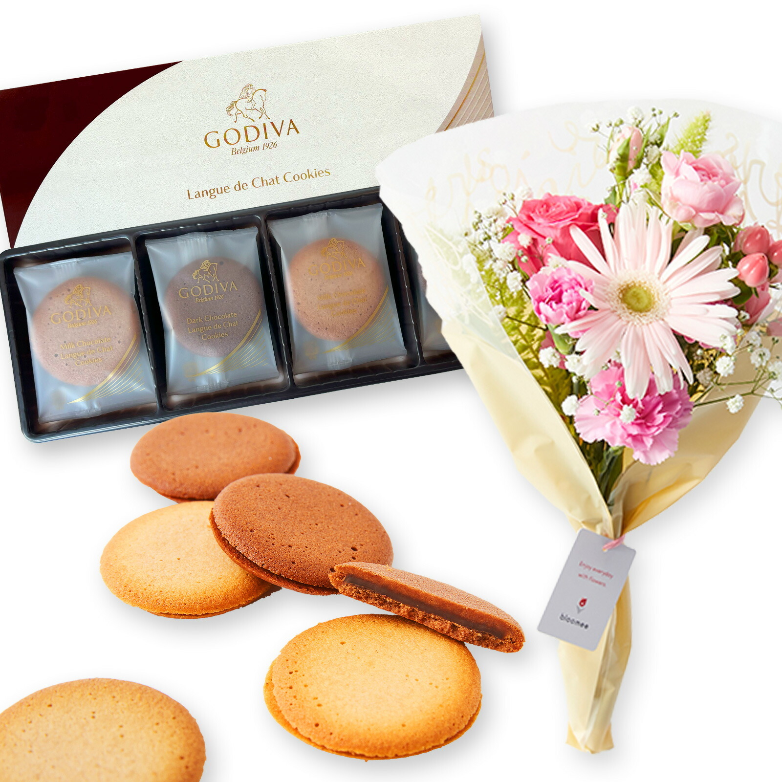 ゴディバ クッキーアソートメント と 季節のお花ブーケ(8本)セット クリスマスカード付き