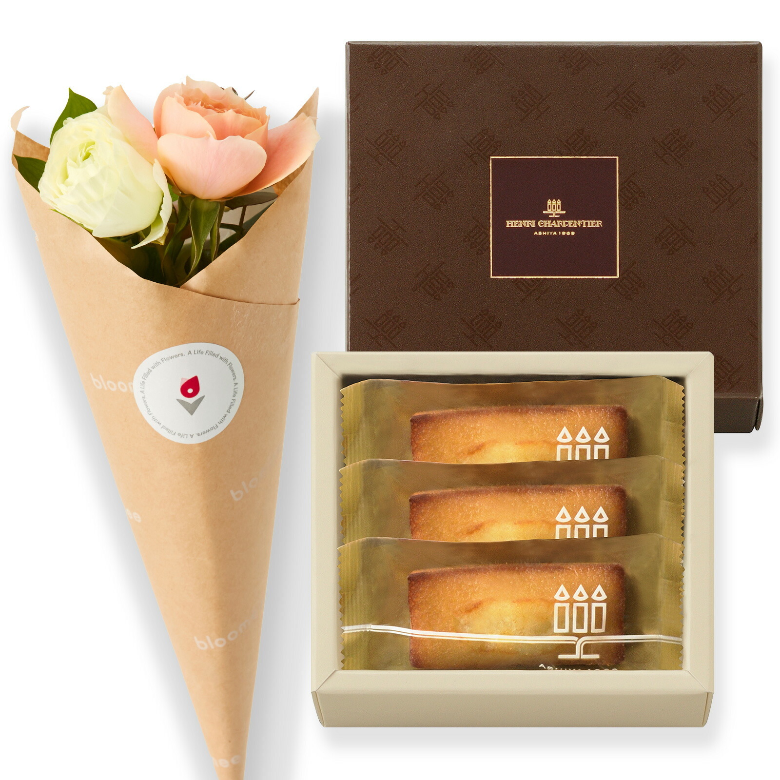 アンリ・シャルパンティエ フィナンシェ と 季節のお花ブーケ(4本)セット クリスマスカード付き