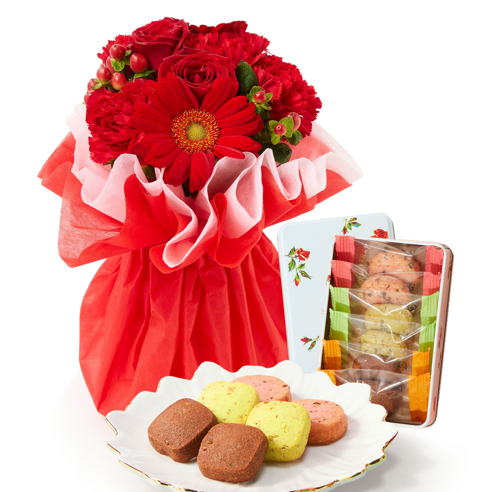 そのまま飾れるブーケ(赤色、Sサイズ) と 銀座千疋屋クッキー のセット
