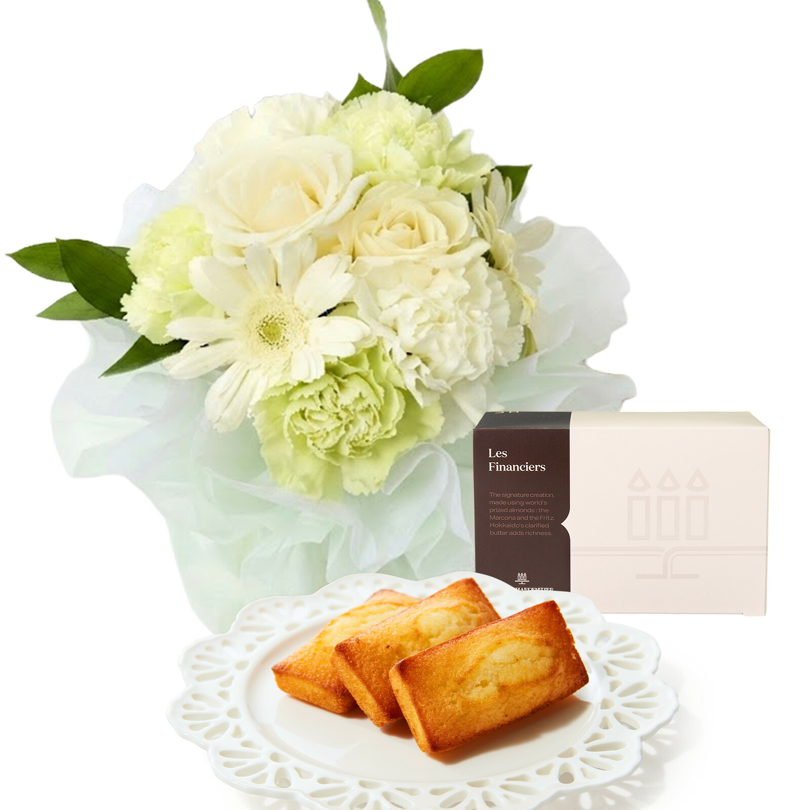 そのまま飾れるブーケ(白色、Sサイズ) と アンリ・シャルパンティエ フィナンシェ のセット