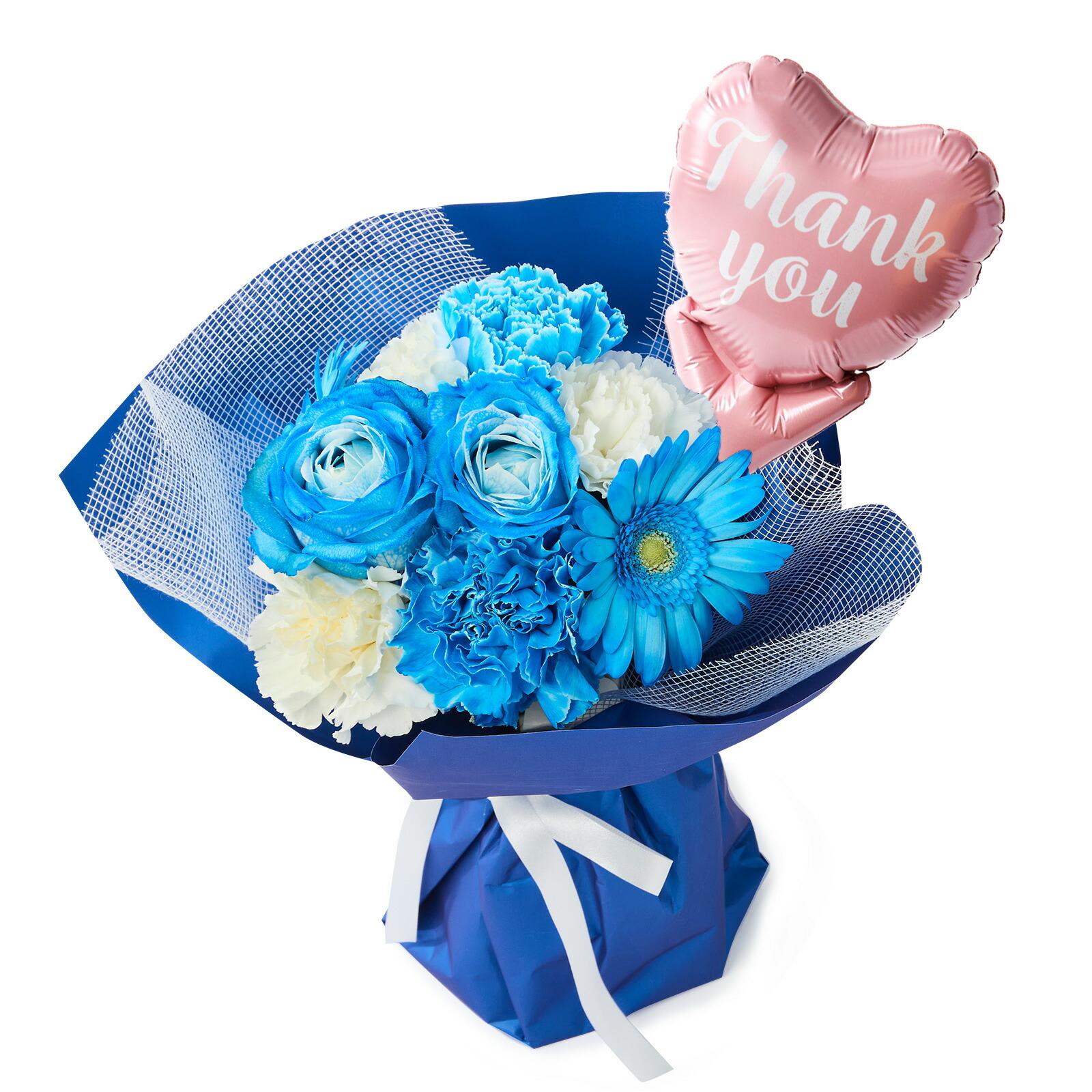 そのまま飾れるブーケ(ブルー、Sサイズ) Thank youバルーン付き