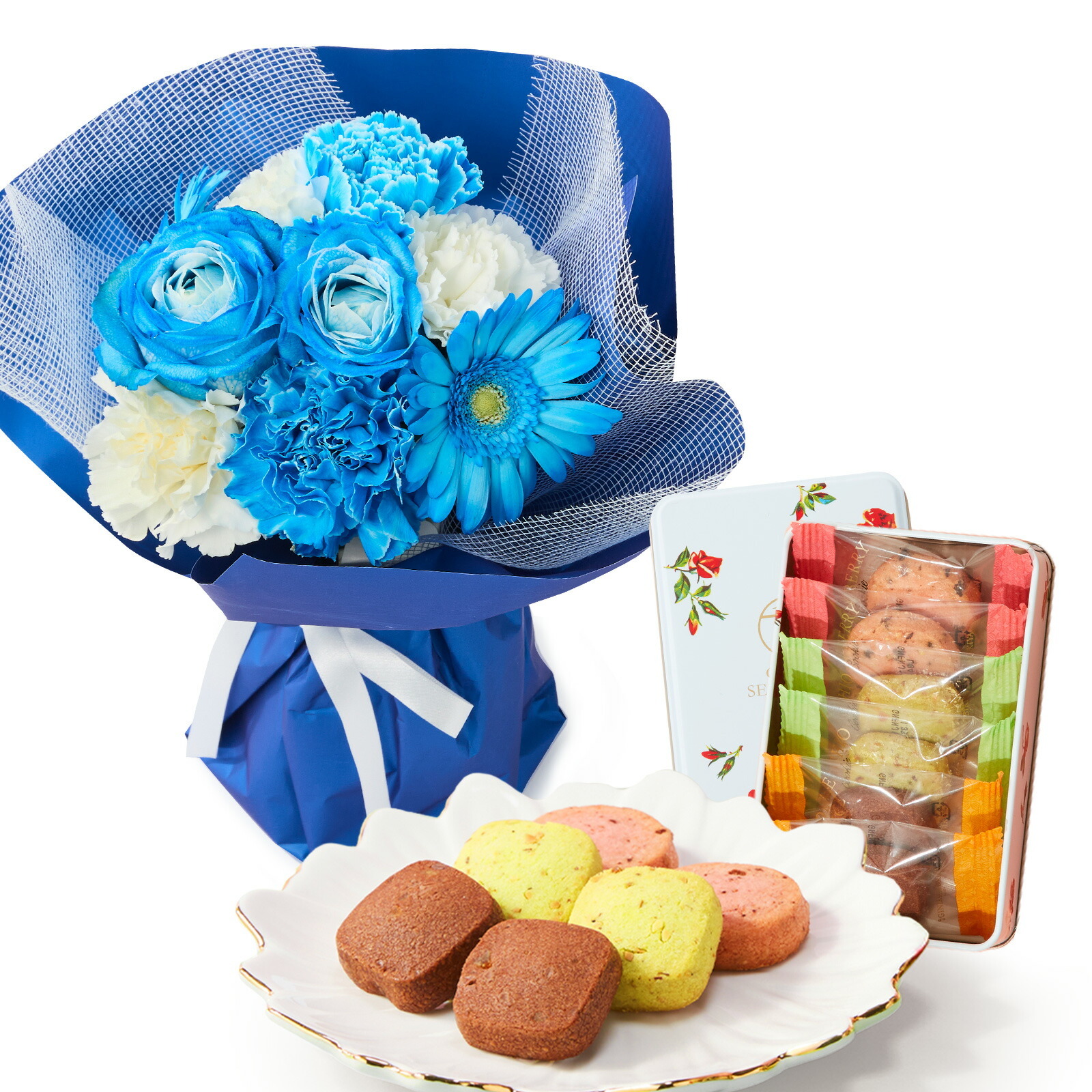そのまま飾れるブーケ(ブルー、Sサイズ) と 銀座千疋屋クッキー のセット