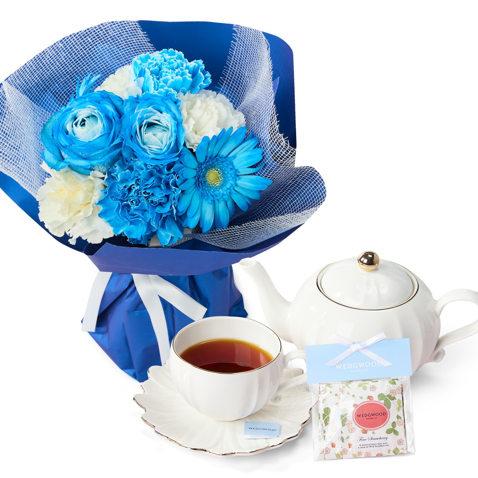 そのまま飾れるブーケ(ブルー、Sサイズ) と WEDGWOOD紅茶 のセット