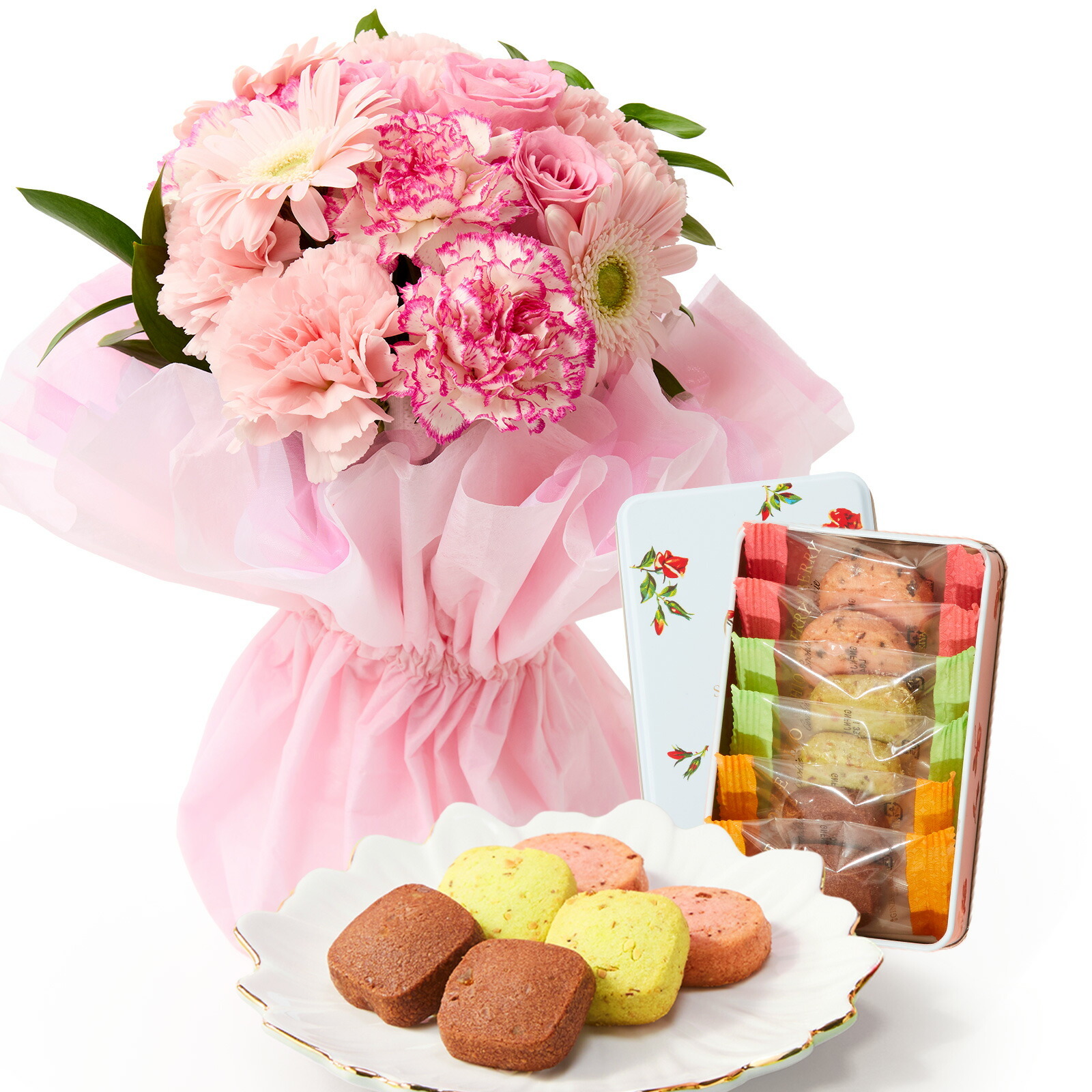 そのまま飾れるブーケ(ピンク、Mサイズ) と 銀座千疋屋クッキー のセット