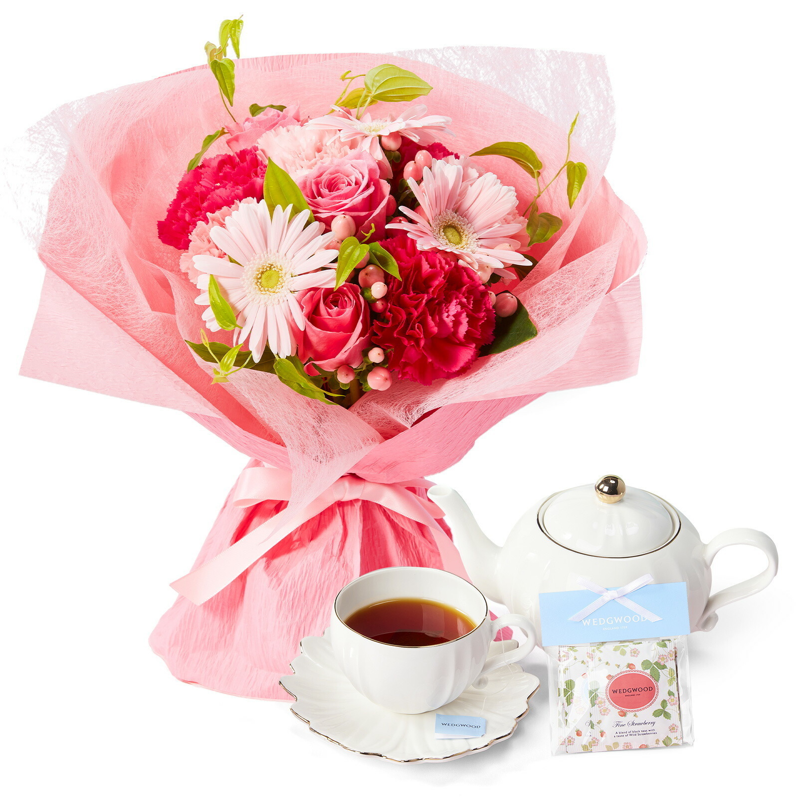 そのまま飾れるブーケMサイズ ピンク WEDGWOOD紅茶セット