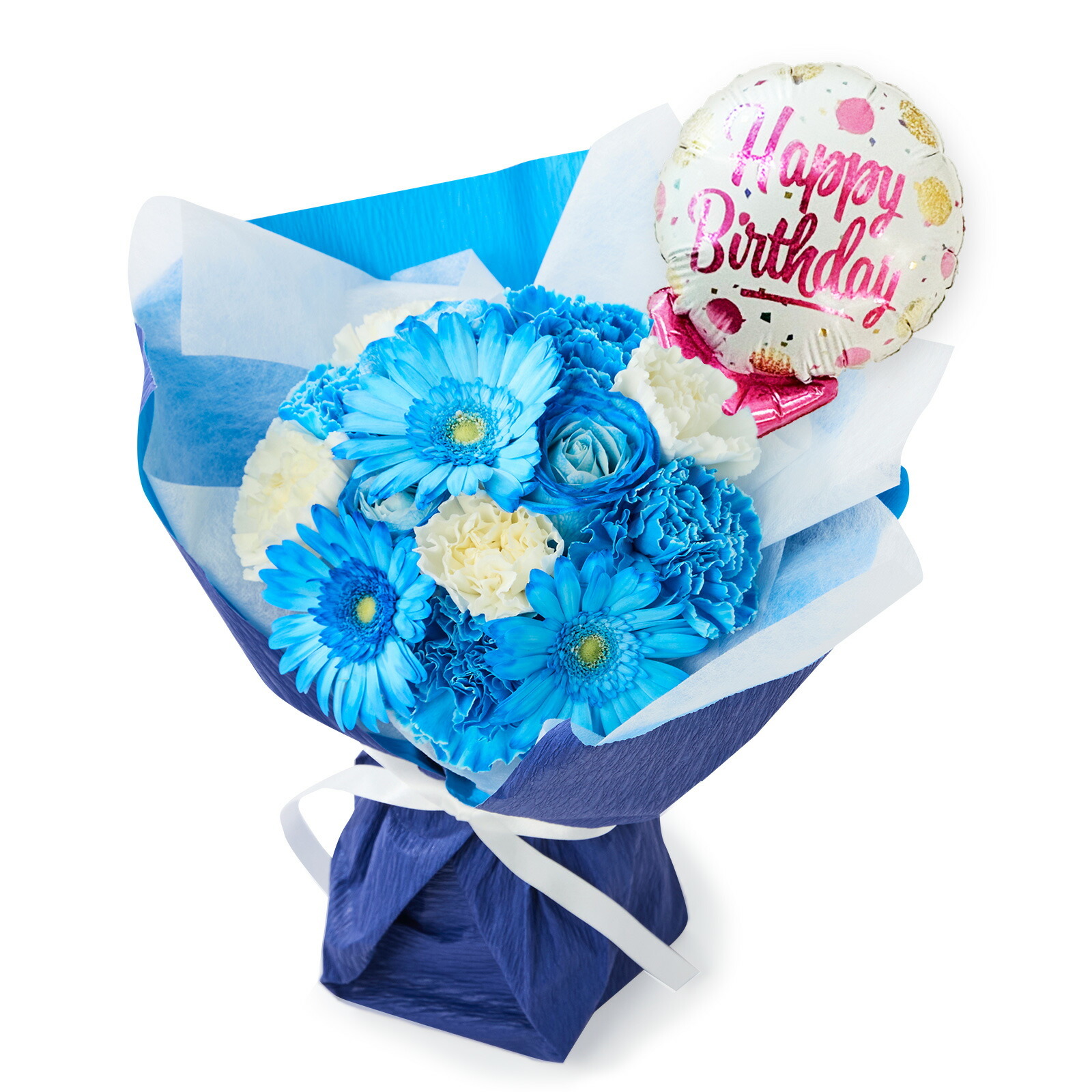 そのまま飾れるブーケ(ブルー、Mサイズ) Happy Birthdayバルーン付き