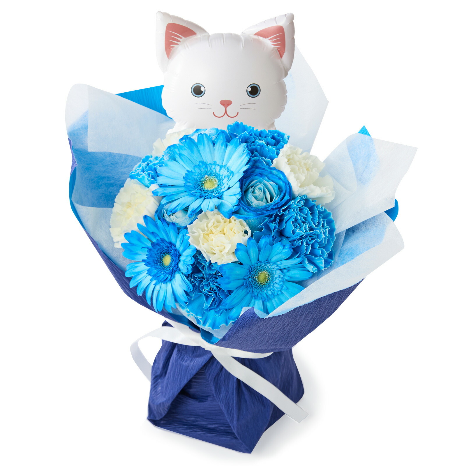 そのまま飾れるブーケ(ブルー、Mサイズ) ねこバルーン付き