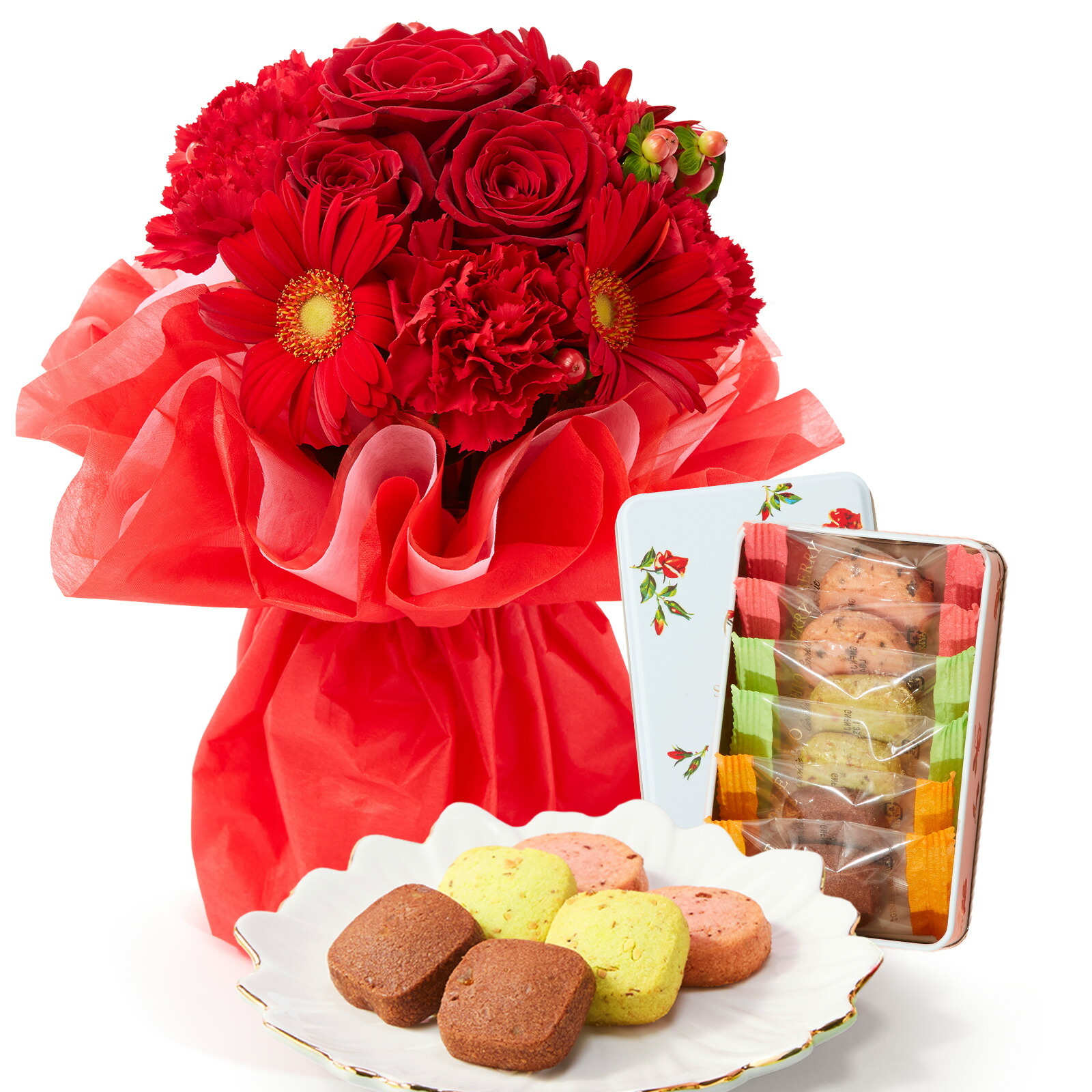 そのまま飾れるブーケ(赤色、Mサイズ) と 銀座千疋屋クッキー のセット