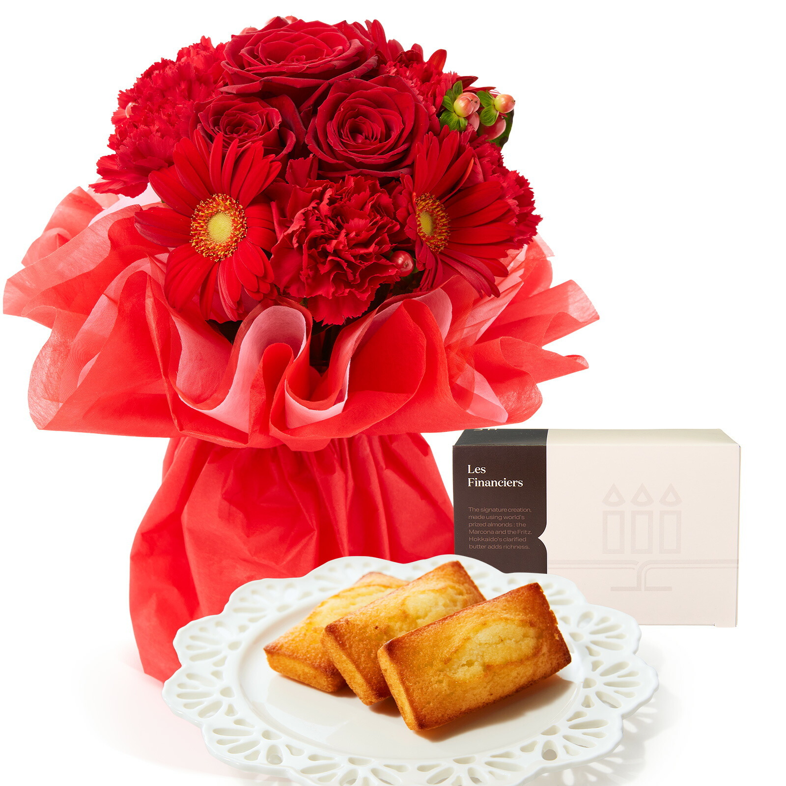そのまま飾れるブーケ(赤色、Mサイズ) と アンリ・シャルパンティエ フィナンシェ のセット