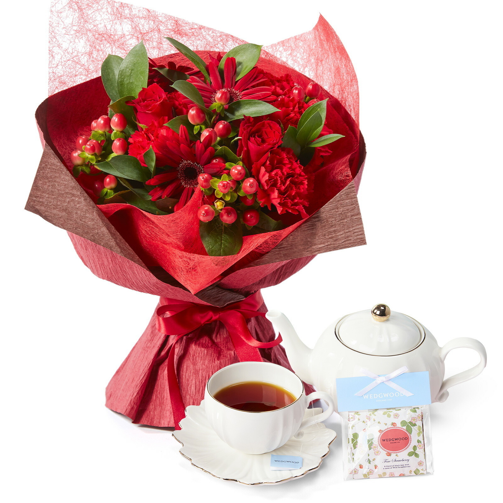 そのまま飾れるブーケMサイズ 赤 WEDGWOOD紅茶セット