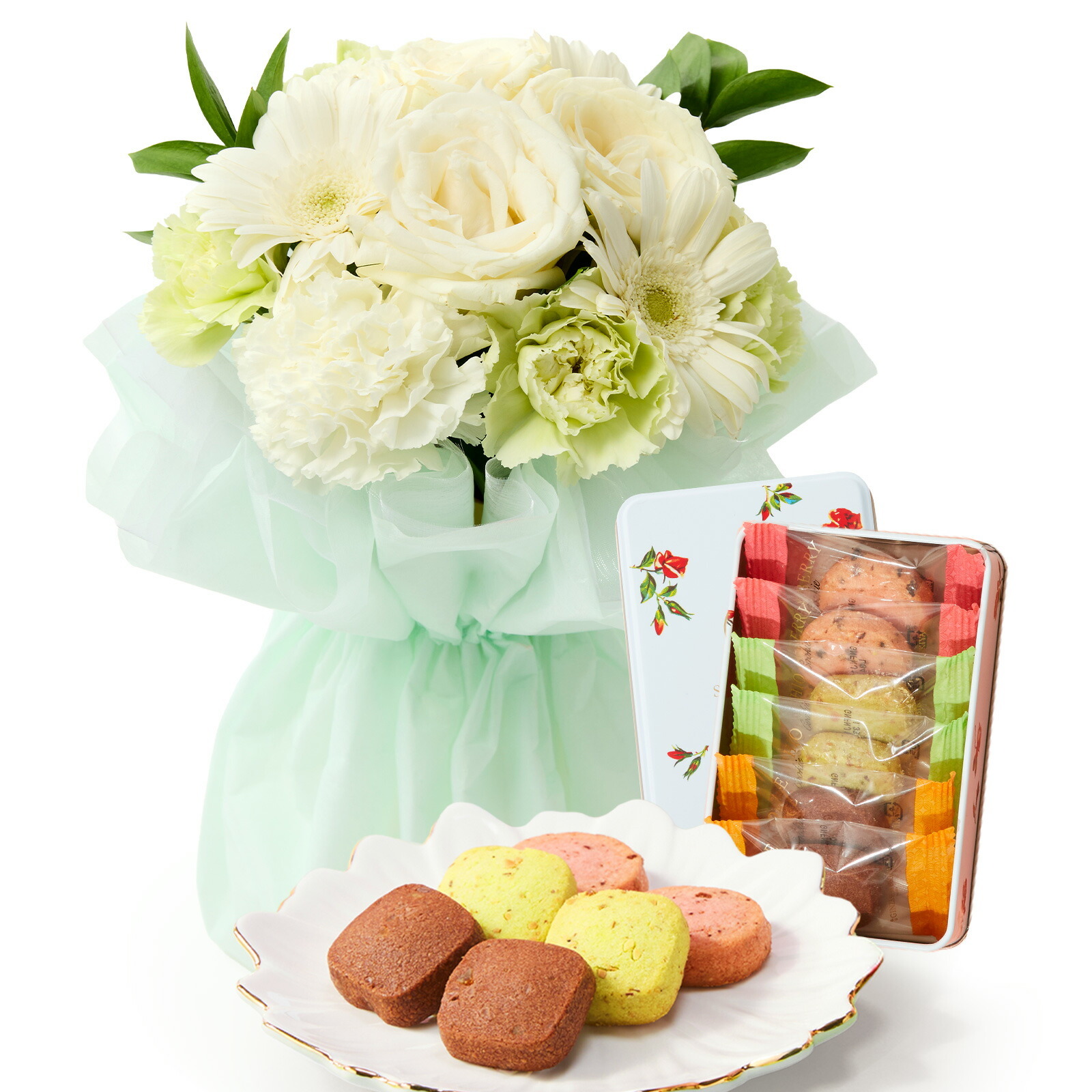そのまま飾れるブーケ(白色、Mサイズ) と 銀座千疋屋クッキー のセット