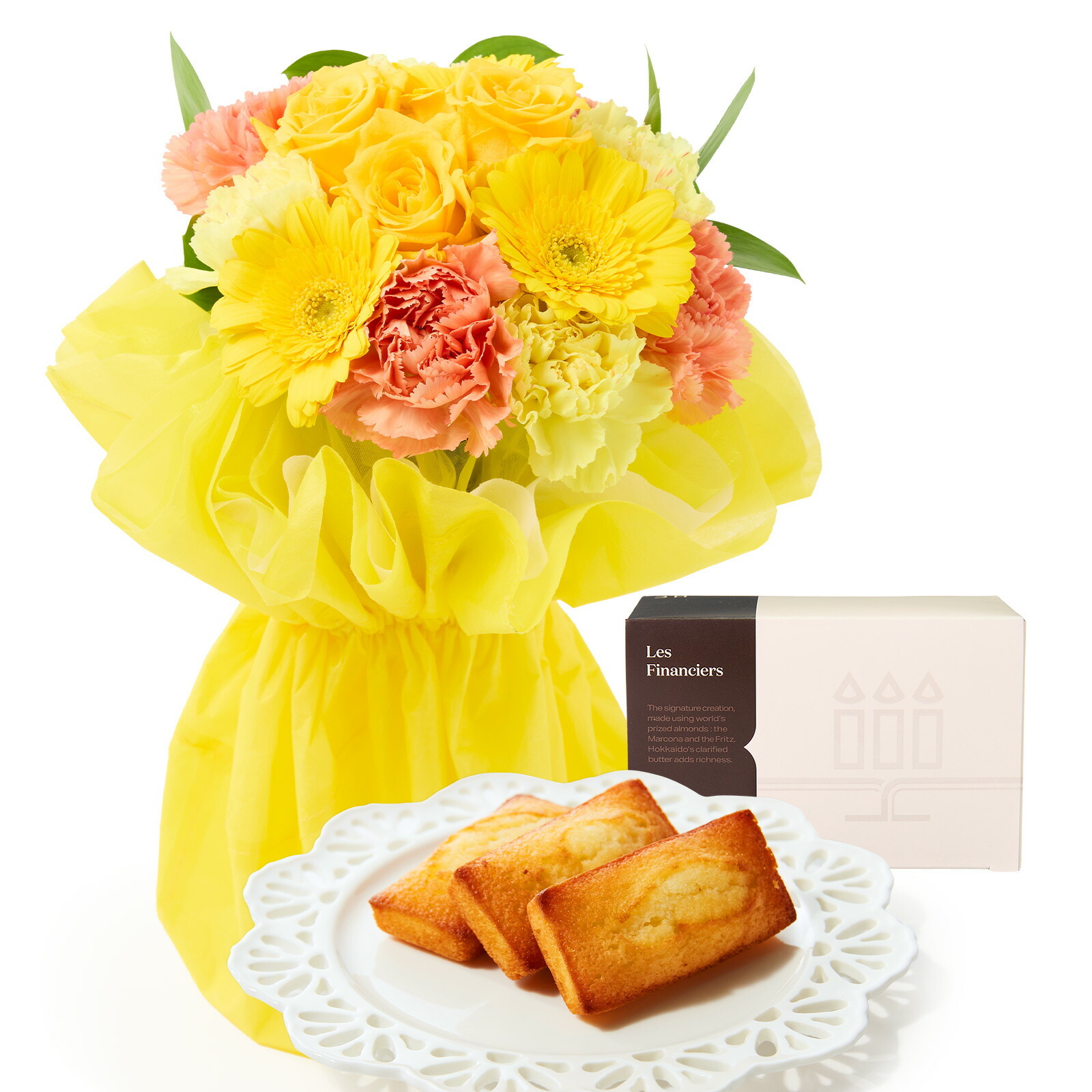 そのまま飾れるブーケ(黄色、Mサイズ) と アンリ・シャルパンティエ フィナンシェ のセット