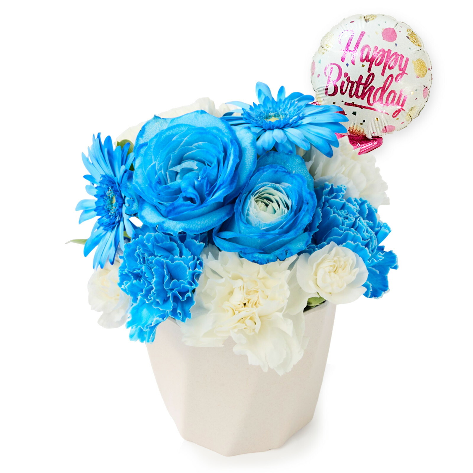 アレンジメント(ブルー)Sサイズ　Happy Birthdayバルーン付き
