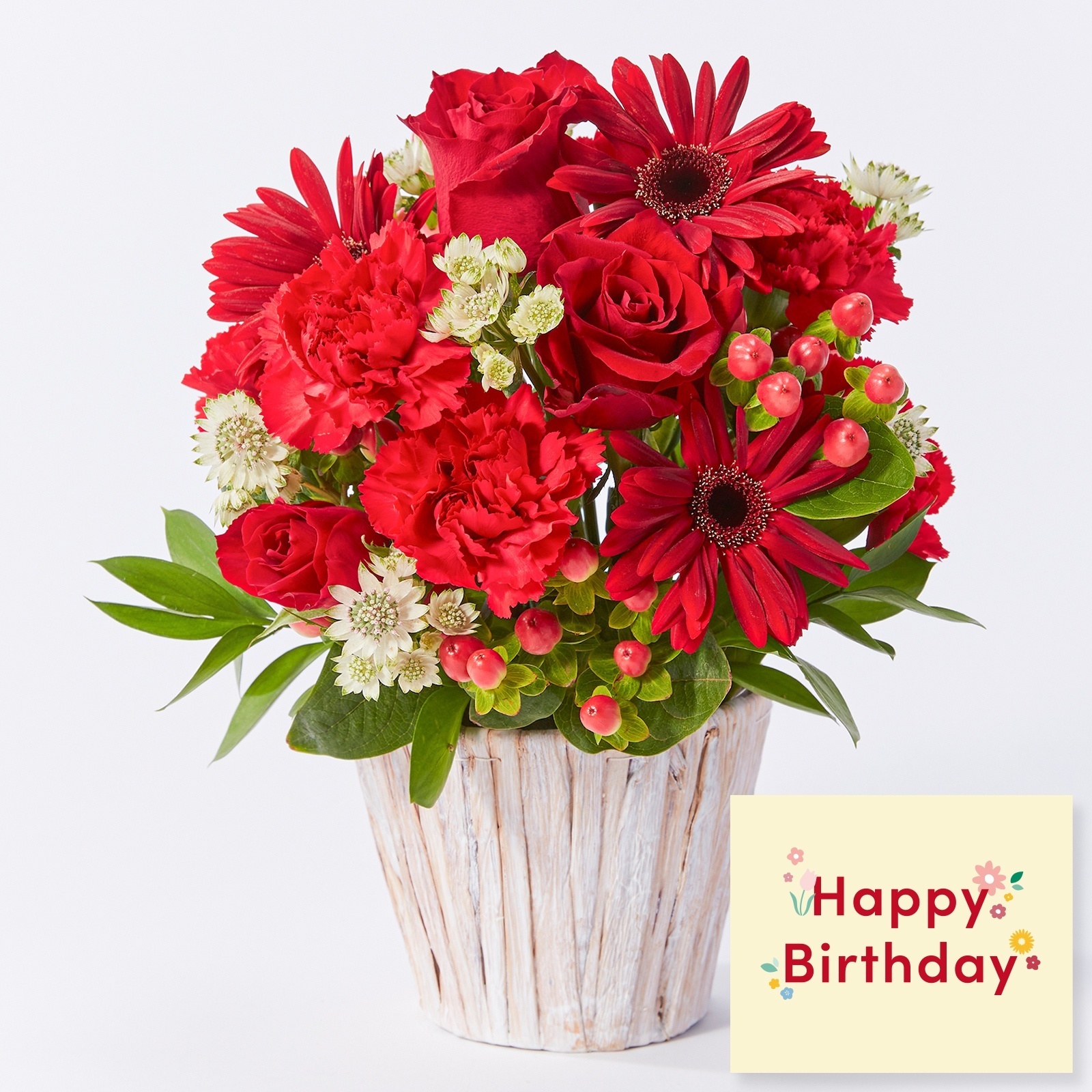 アレンジメント(赤) Mサイズ Happy Birthday カード付き