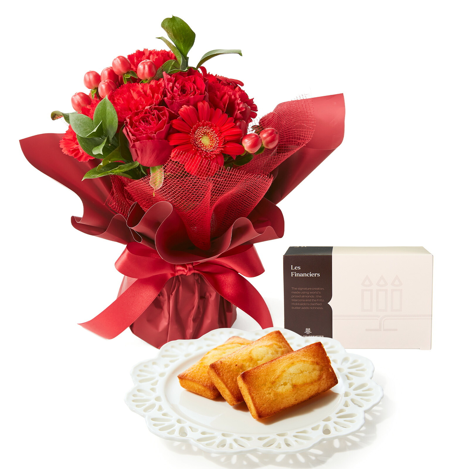 そのまま飾れるブーケ(赤色、Sサイズ) と アンリ・シャルパンティエ フィナンシェ のセット【母の日カード付き】