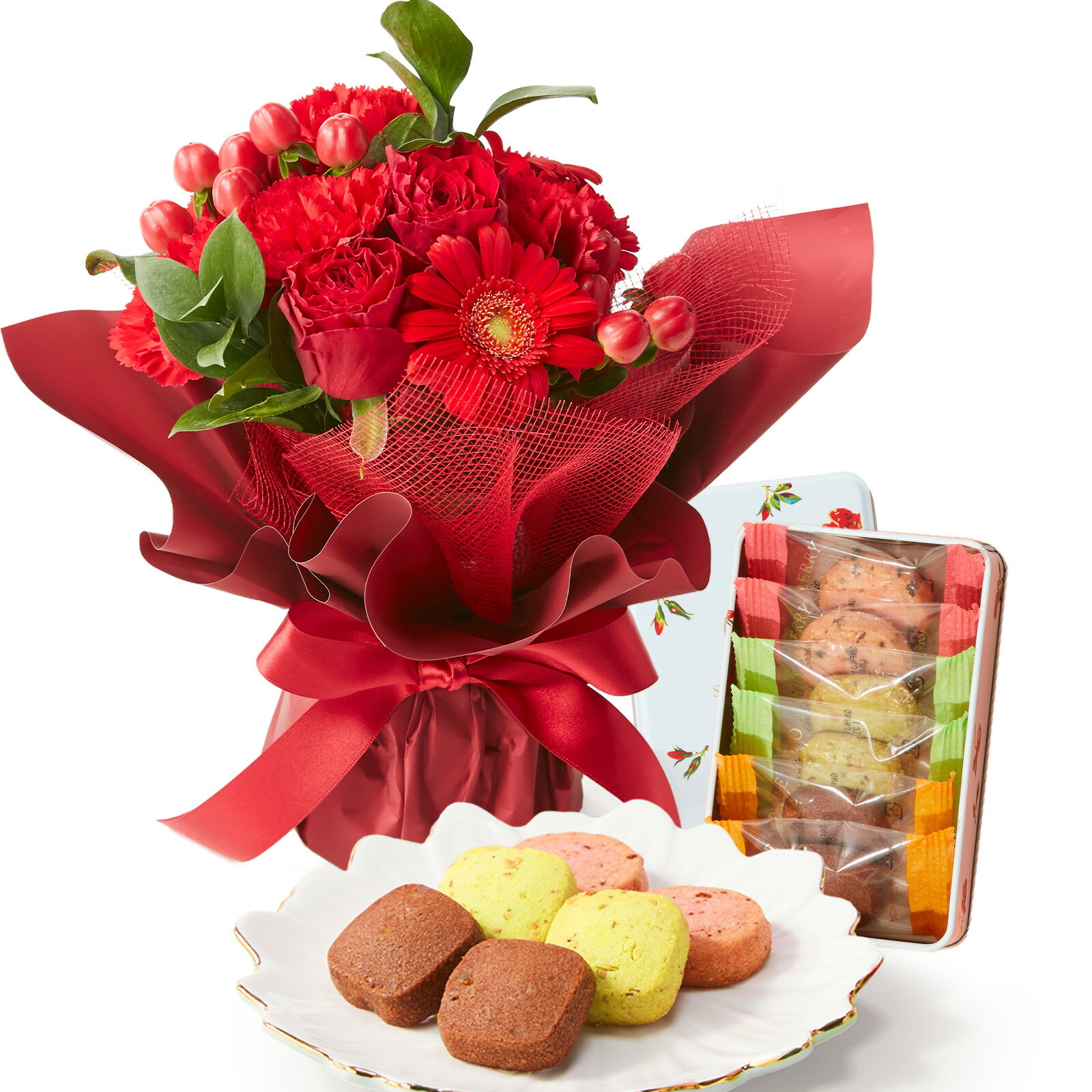 そのまま飾れるブーケ(赤色、Sサイズ) と 銀座千疋屋クッキー のセット【母の日カード付き】