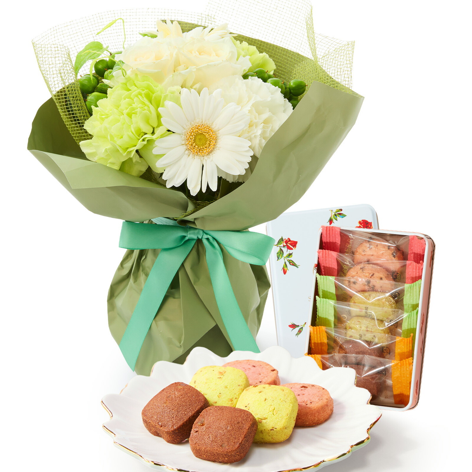そのまま飾れるブーケ(白色、Sサイズ) と 銀座千疋屋クッキー のセット【母の日カード付き】