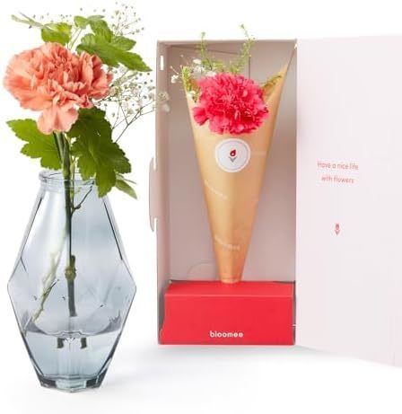 季節のお花ブーケ(3本) と 花瓶セット(ブラック ひし形) Happy Birthday カード付き