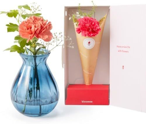 季節のお花ブーケ(3本) と 花瓶セット(ブルー 丸型) Happy Birthday カード付き