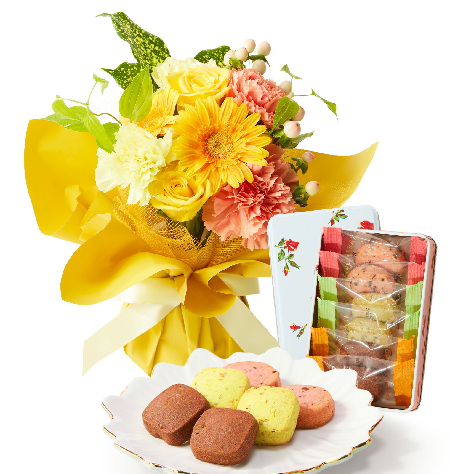 そのまま飾れるブーケ(黄色、Sサイズ) と 銀座千疋屋クッキー のセット【母の日カード付き】
