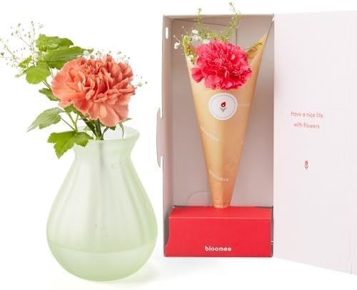 季節のお花ブーケ(3本) と 花瓶セット(グリーンマット 丸型) Happy Birthday カード付き