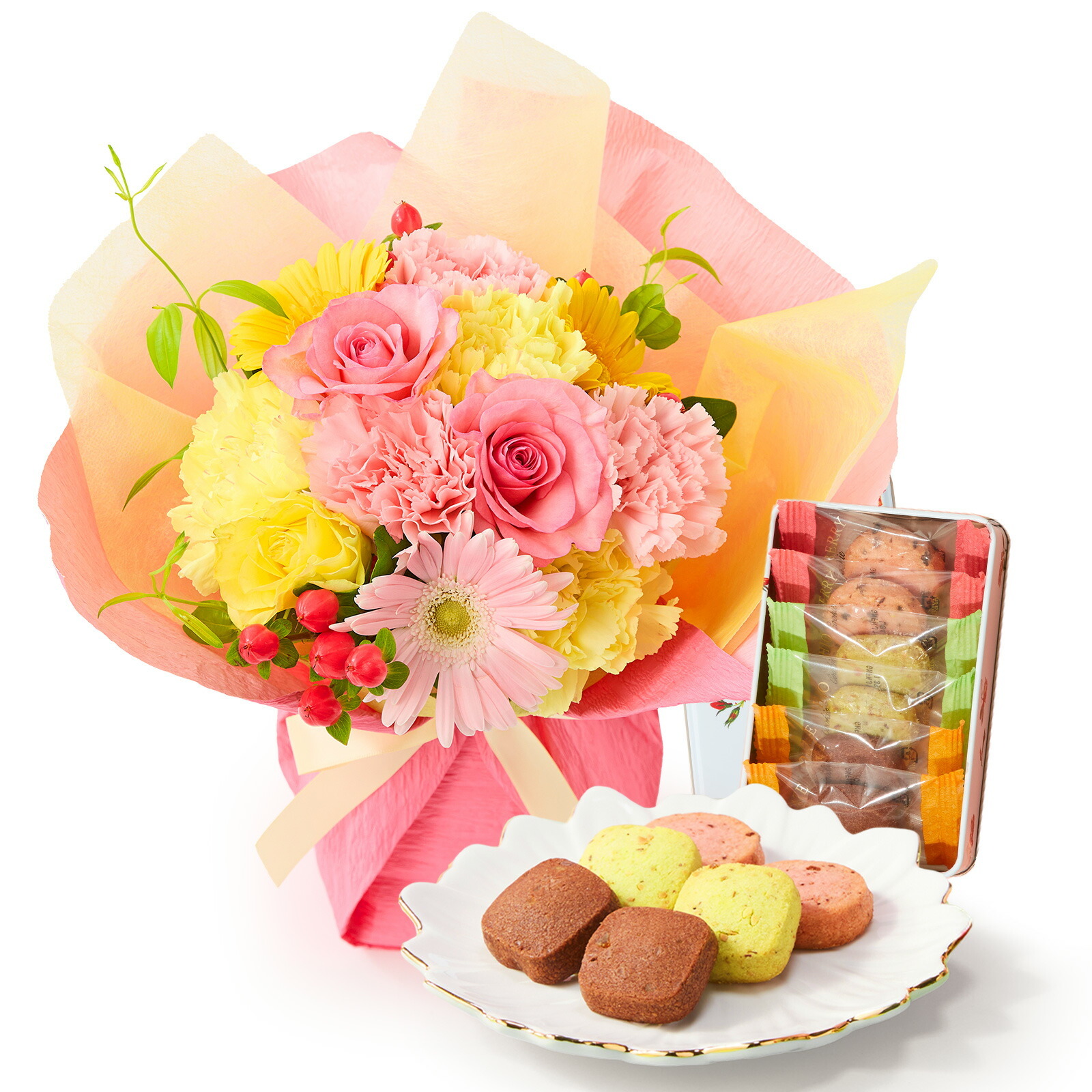 そのまま飾れるブーケ(カラフル、Mサイズ) と 銀座千疋屋クッキー のセット【母の日カード付き】