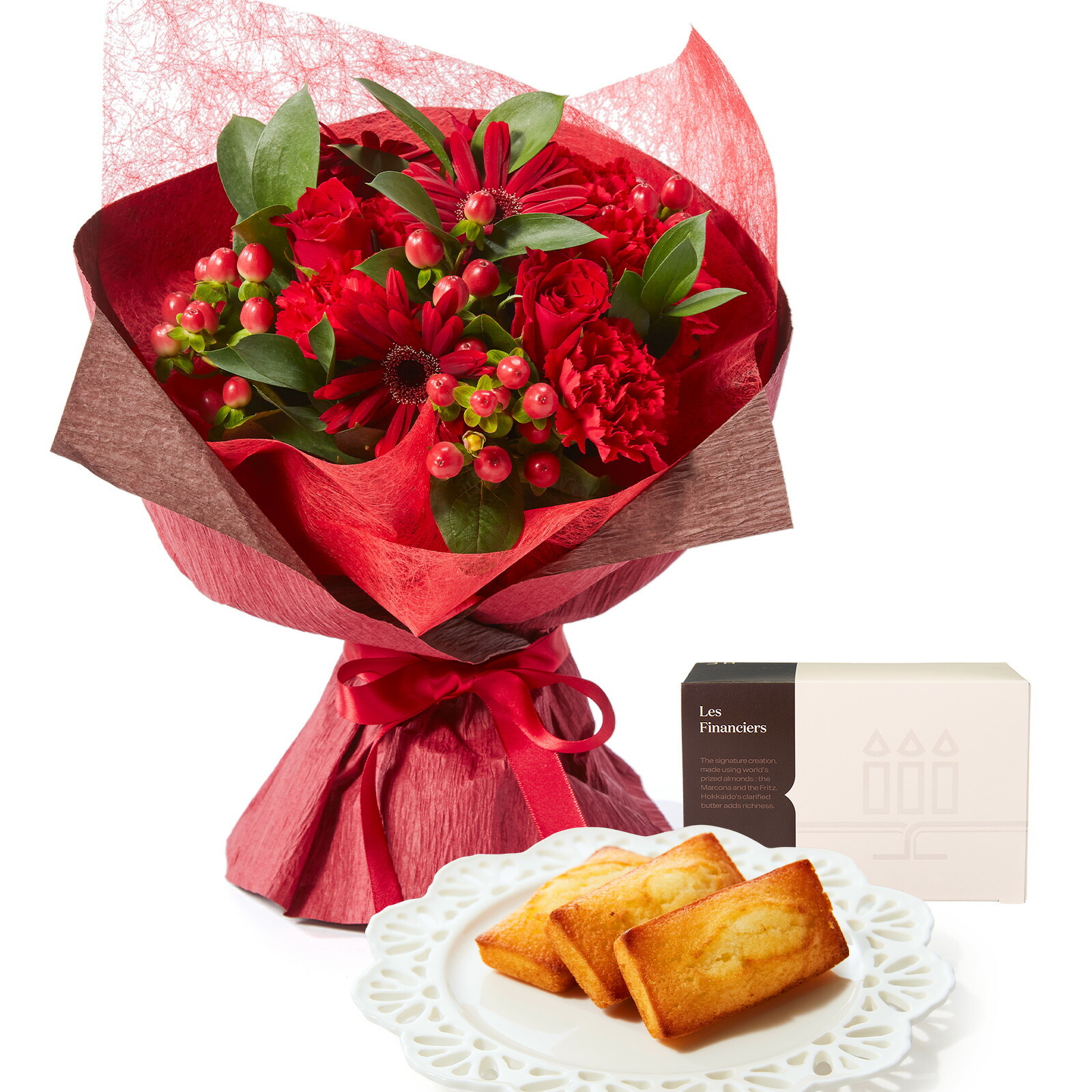 そのまま飾れるブーケ(赤色、Mサイズ) と アンリ・シャルパンティエ フィナンシェ のセット【母の日カード付き】