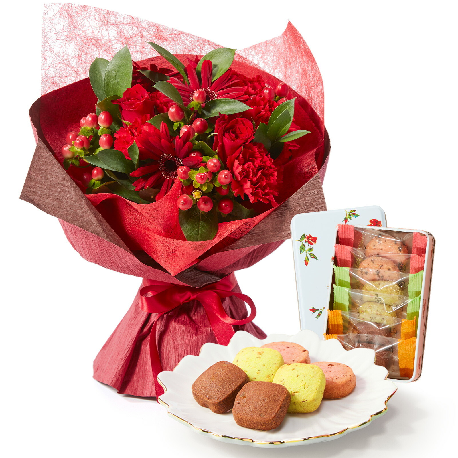 そのまま飾れるブーケ(赤色、Mサイズ) と 銀座千疋屋クッキー のセット【母の日カード付き】