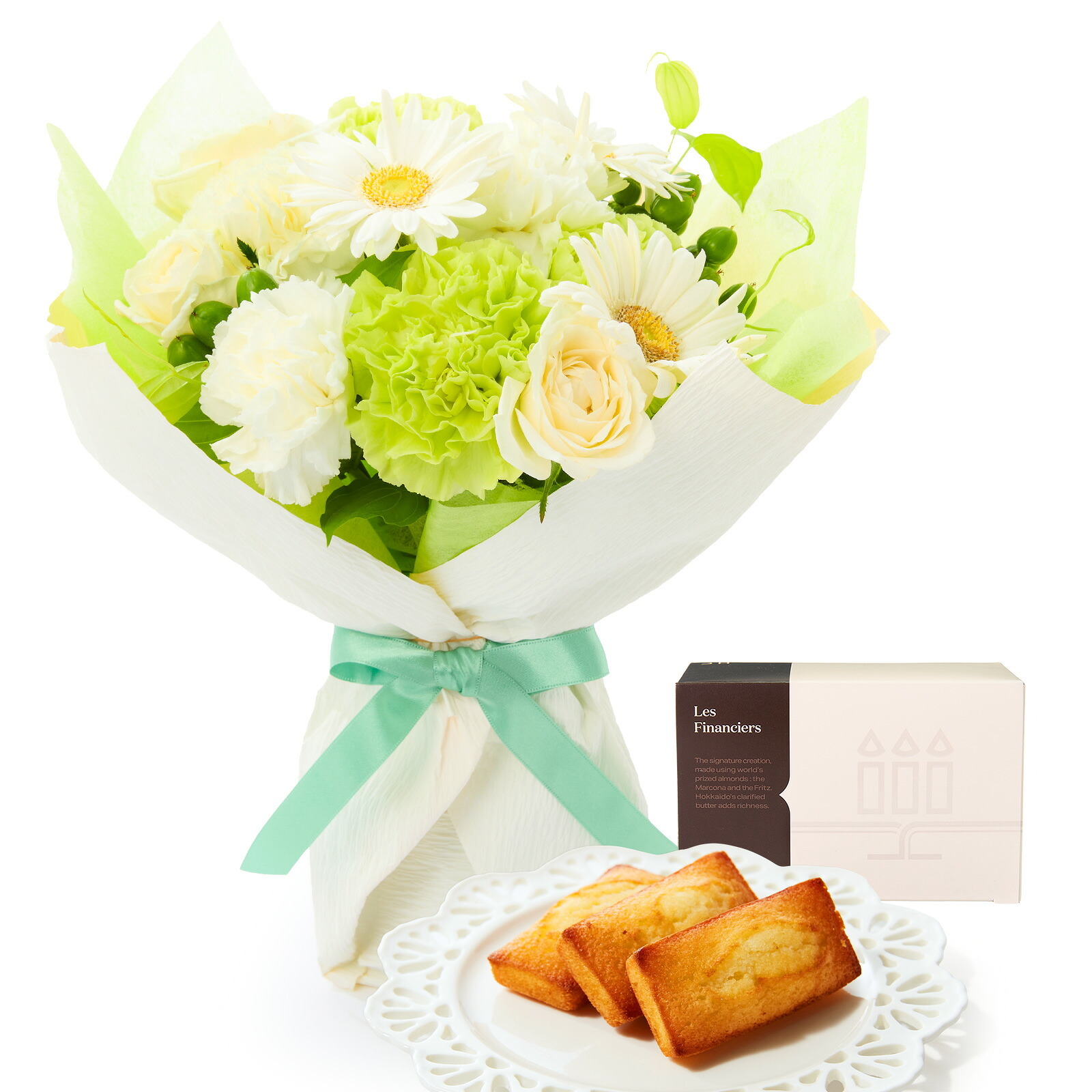 そのまま飾れるブーケ(白色、Mサイズ) と アンリ・シャルパンティエ フィナンシェ のセット【母の日カード付き】