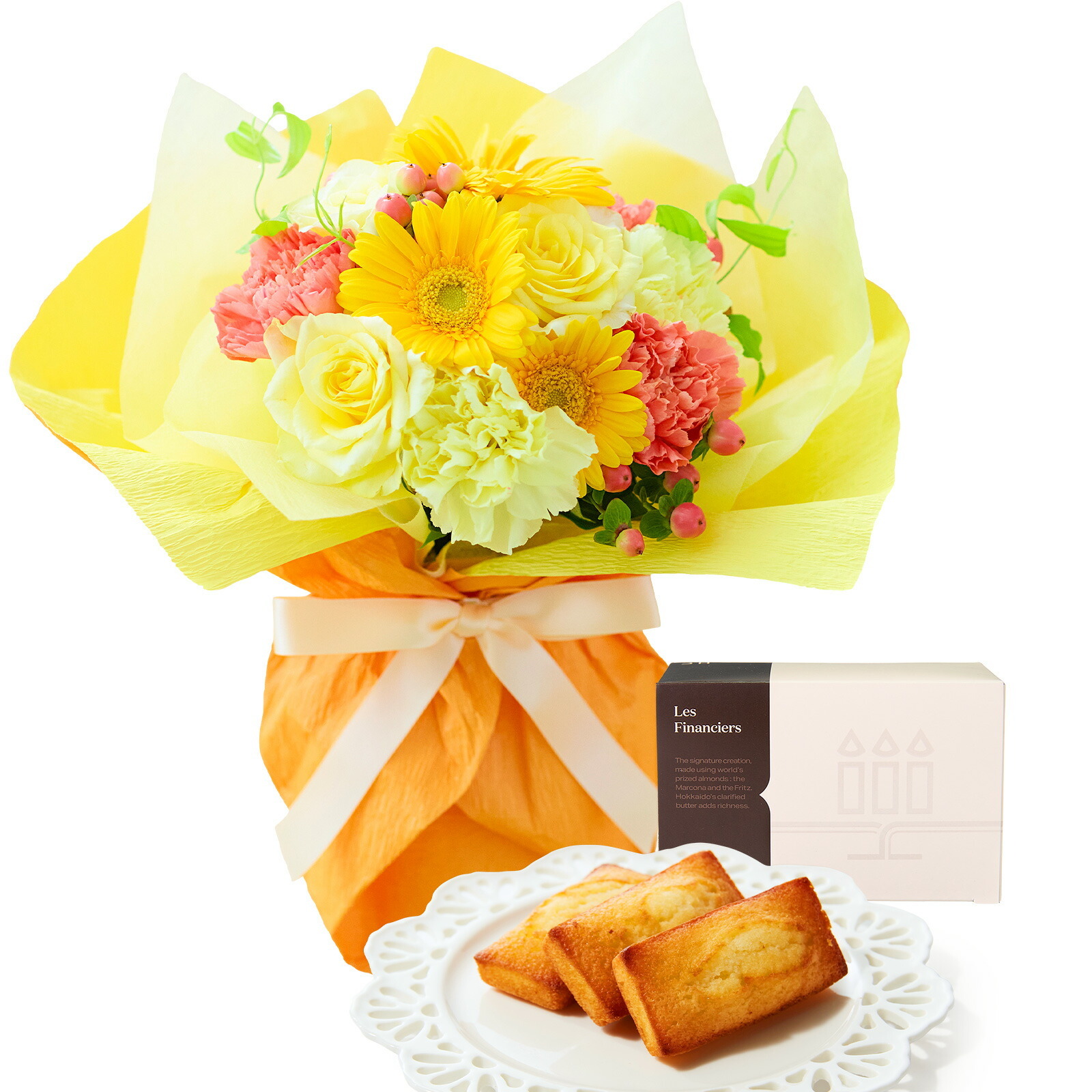 そのまま飾れるブーケ(黄色、Mサイズ) と アンリ・シャルパンティエ フィナンシェ のセット【母の日カード付き】