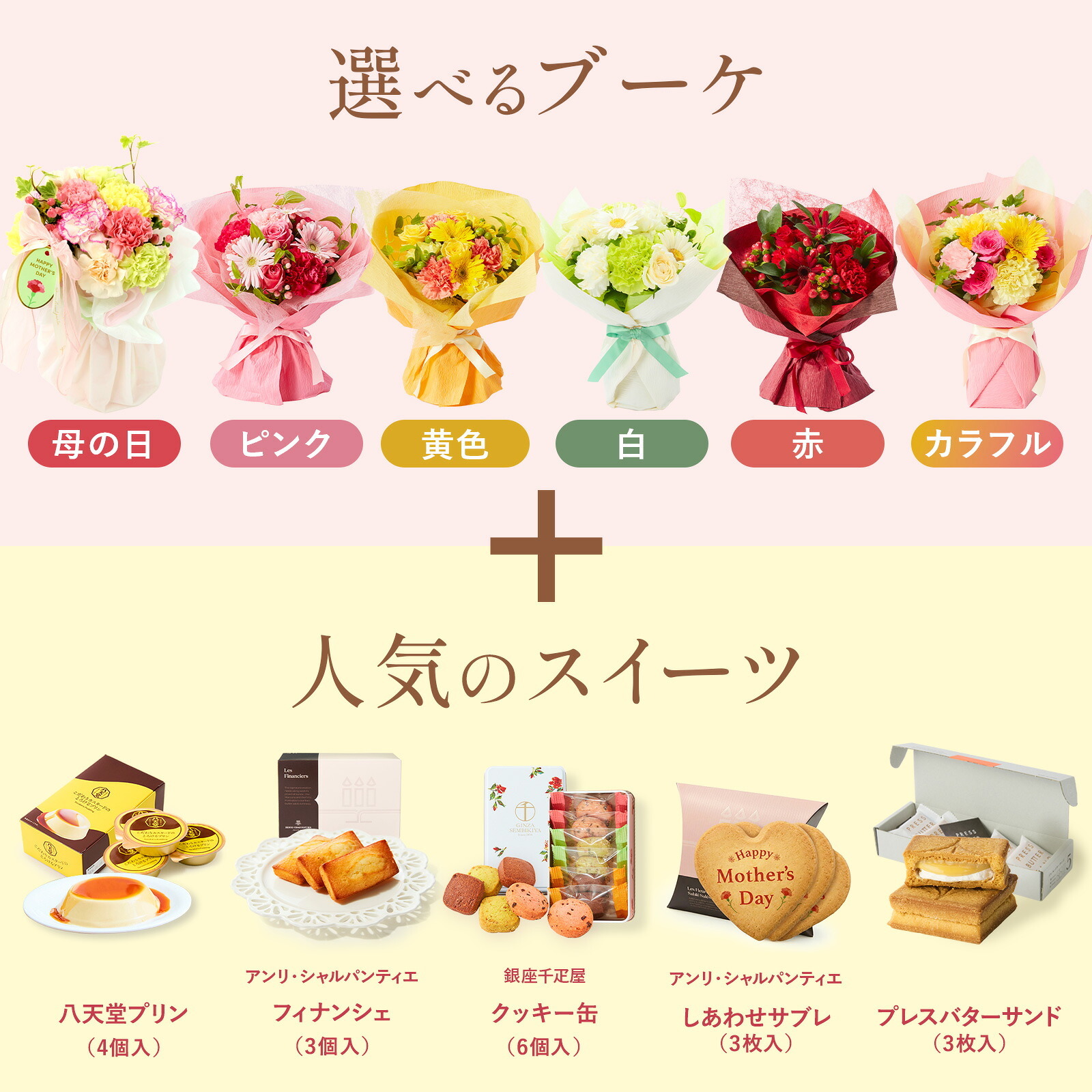 そのまま飾れるブーケ(黄色、Mサイズ) と 八天堂プリン のセット【母の日カード付き】