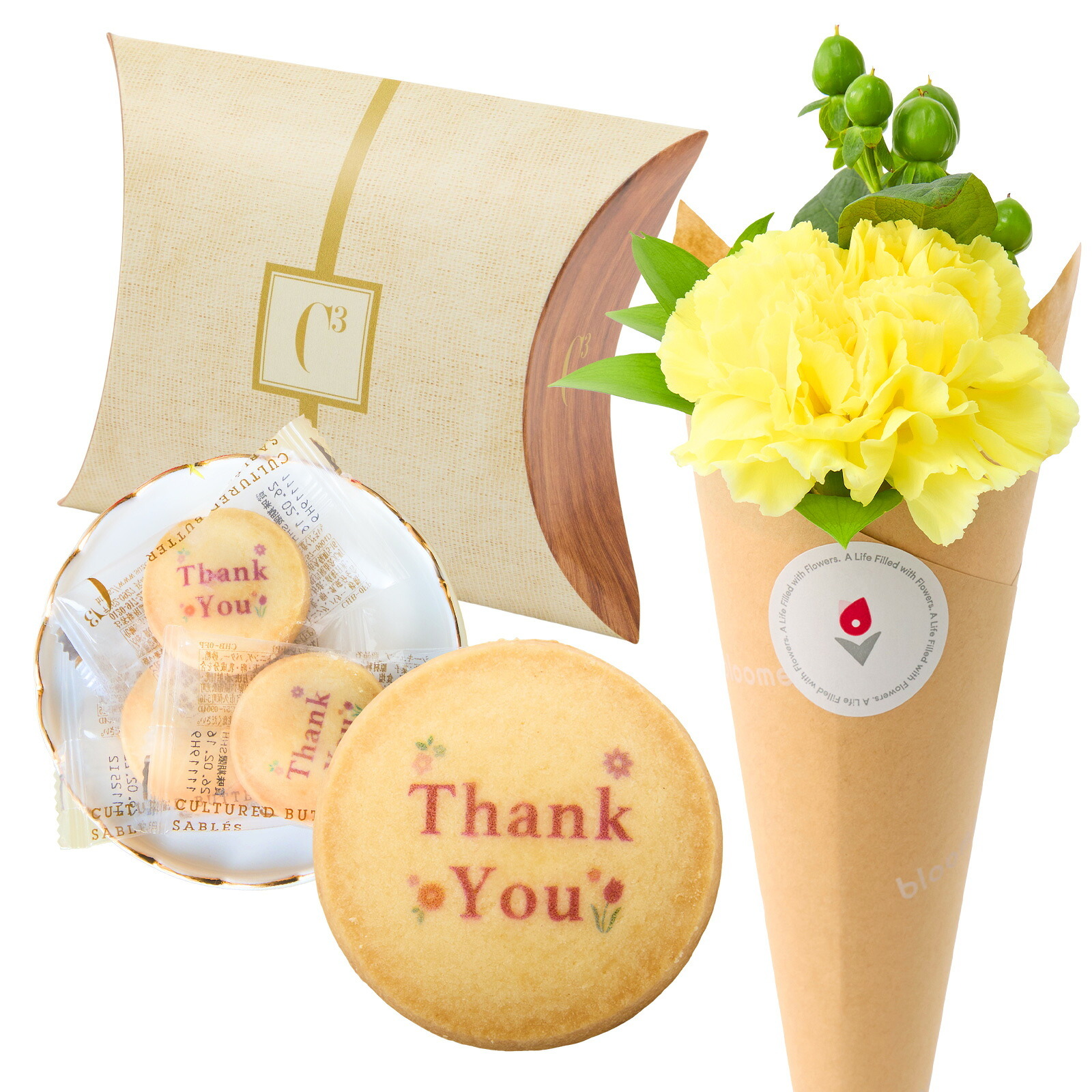 C3(シーキューブ) 発酵バターサブレ と 季節のお花ブーケ(3本)セット【母の日カード付き】
