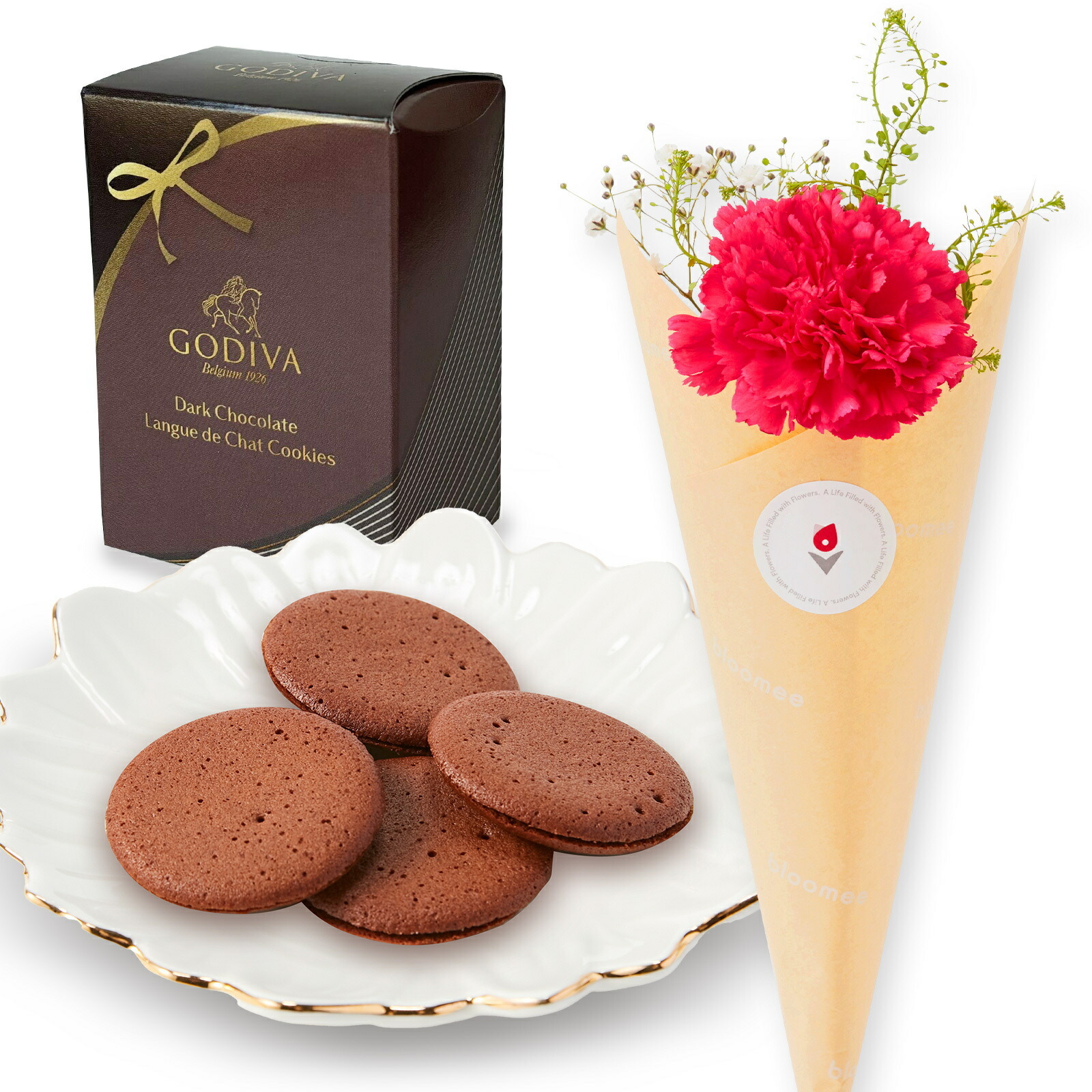 ゴディバダークチョコレートクッキーとお花3本 Happy Birthday カード付き