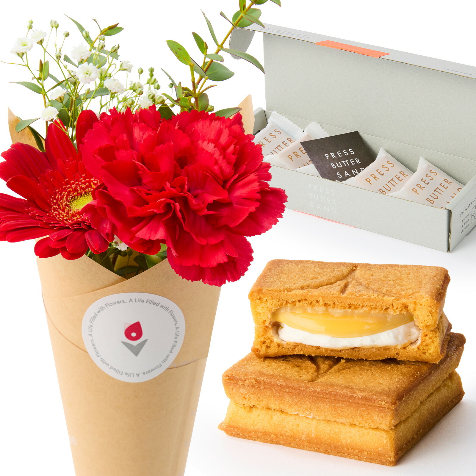 プレスバターサンド バターサンド と 季節のお花ブーケ(4本)セット【母の日カード付き】