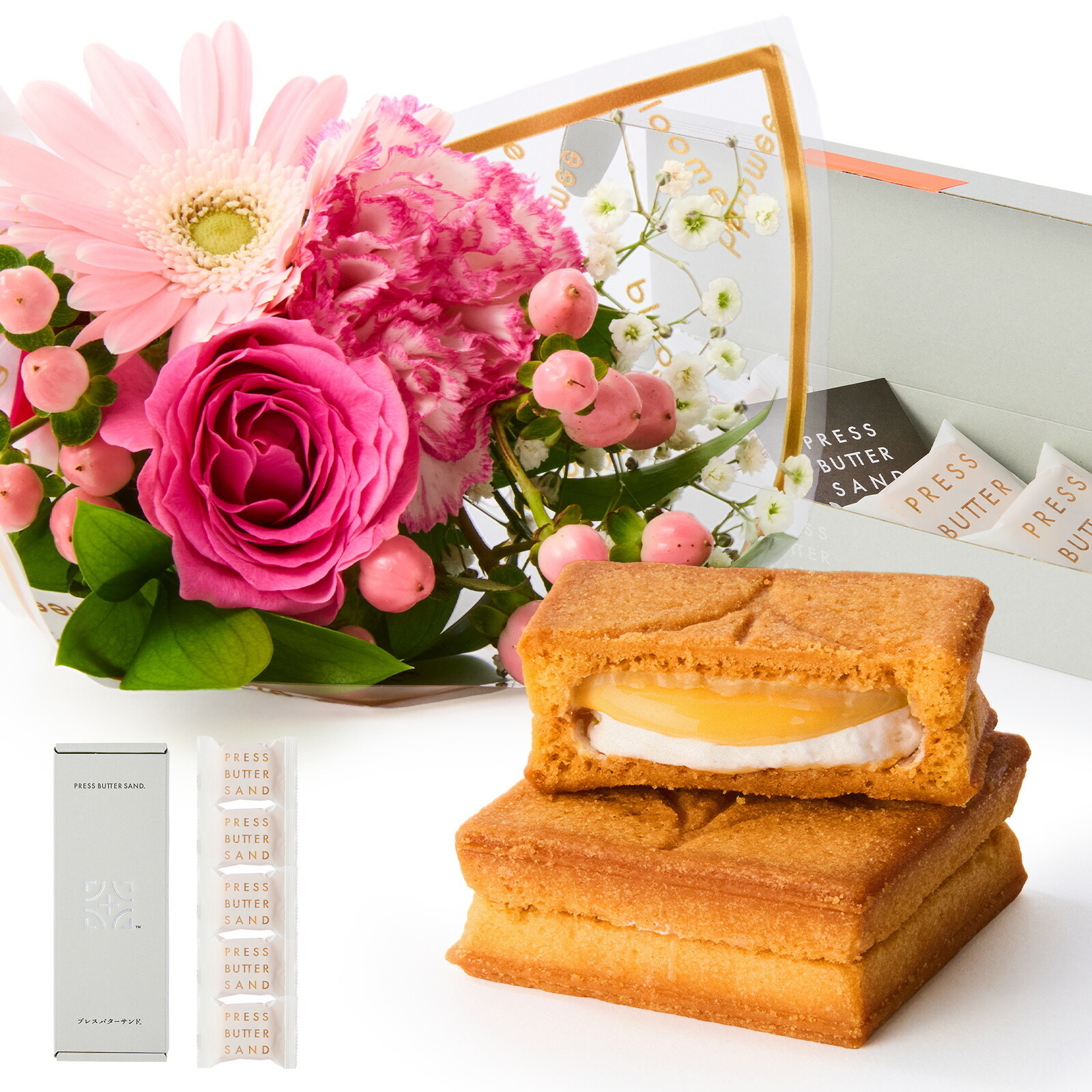 プレスバターサンド バターサンド と 季節のお花ブーケ(8本)セット【母の日カード付き】