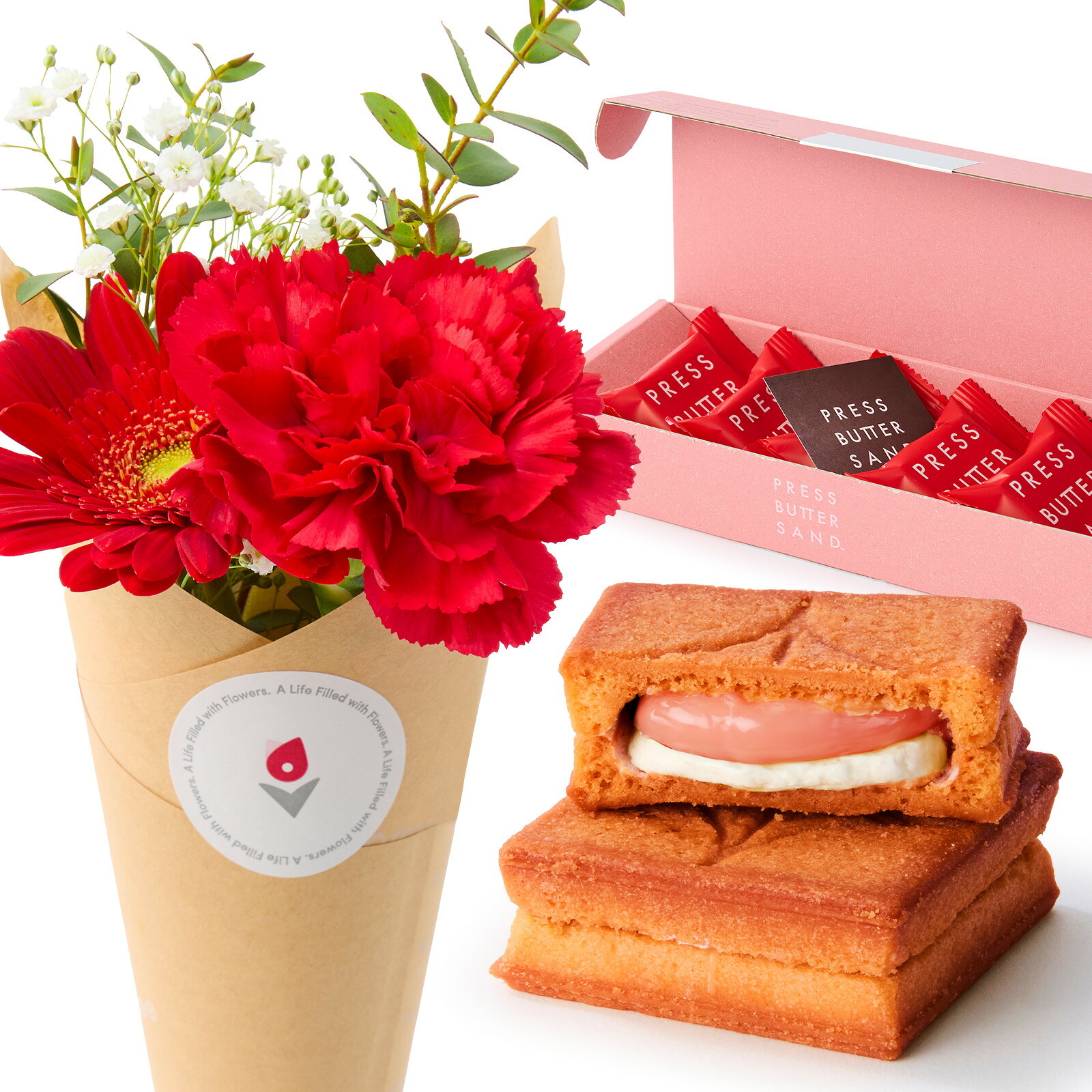 プレスバターサンド バターサンド(あまおう苺) と 季節のお花ブーケ(4本)セット【母の日カード付き】