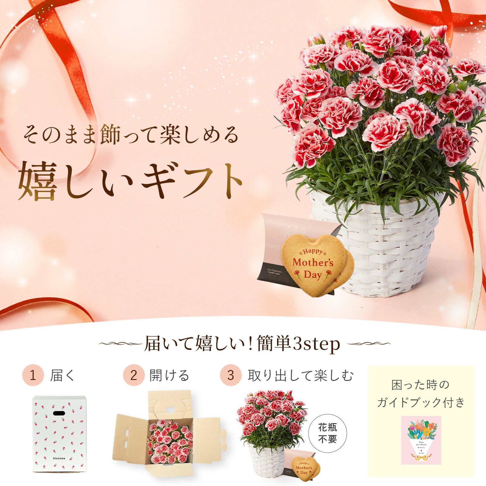 鉢植え カーネーション クリーム(ムーンティアラ)と アンリ・シャルパンティエ しあわせサブレ のセット【母の日カード付き】