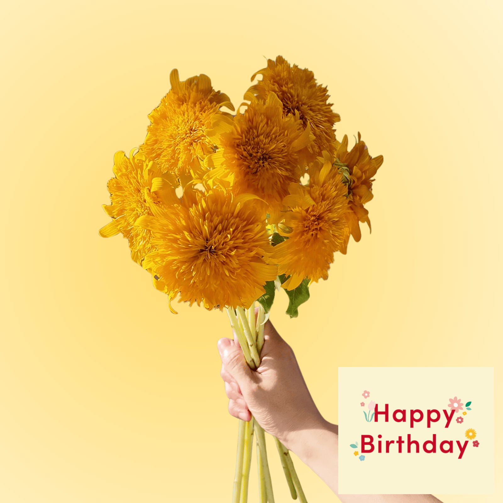 ひまわりの花束 八重咲 オレンジ　誕生日カード付き