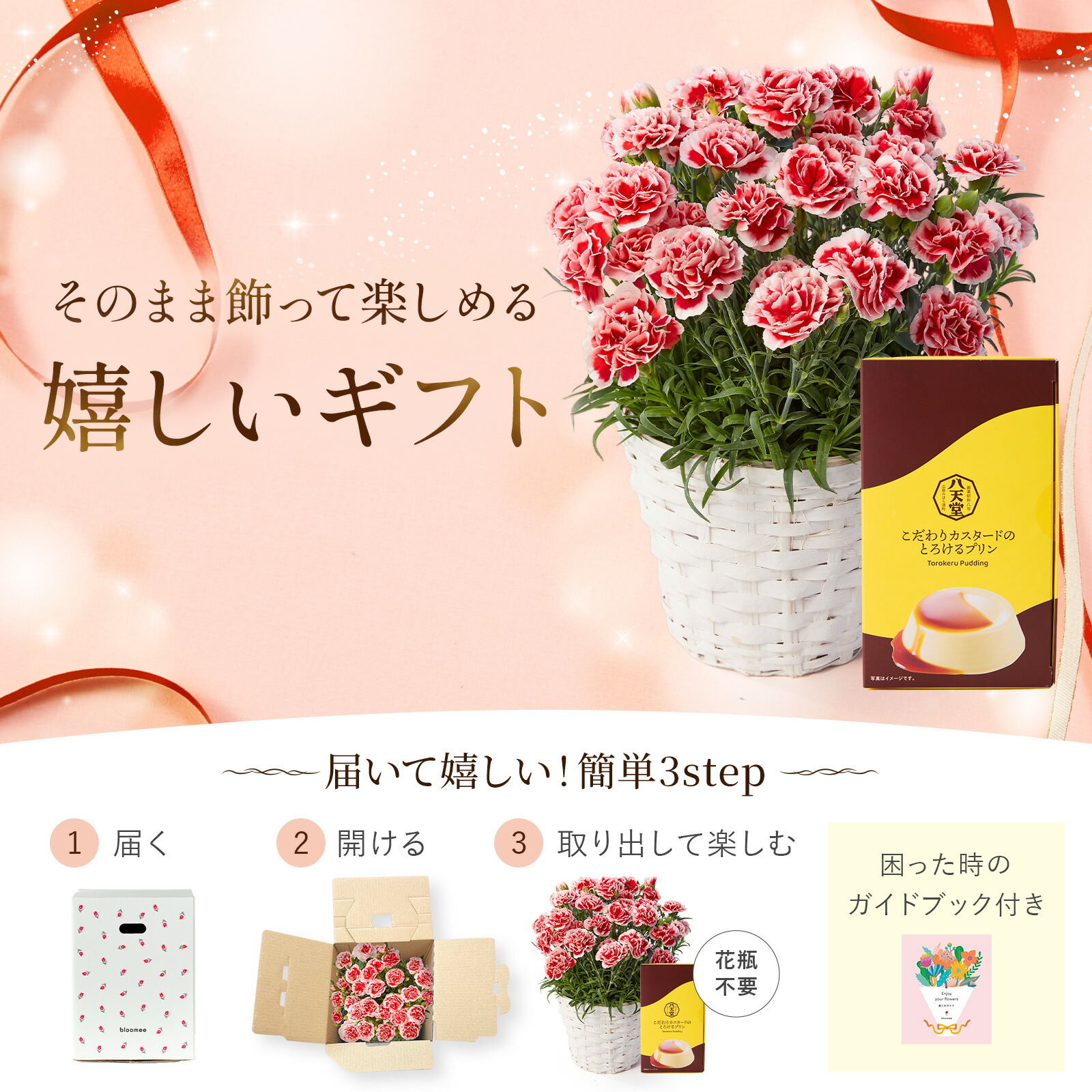 鉢植え カーネーション いちごホイップ と 八天堂プリン のセット【母の日カード付き】