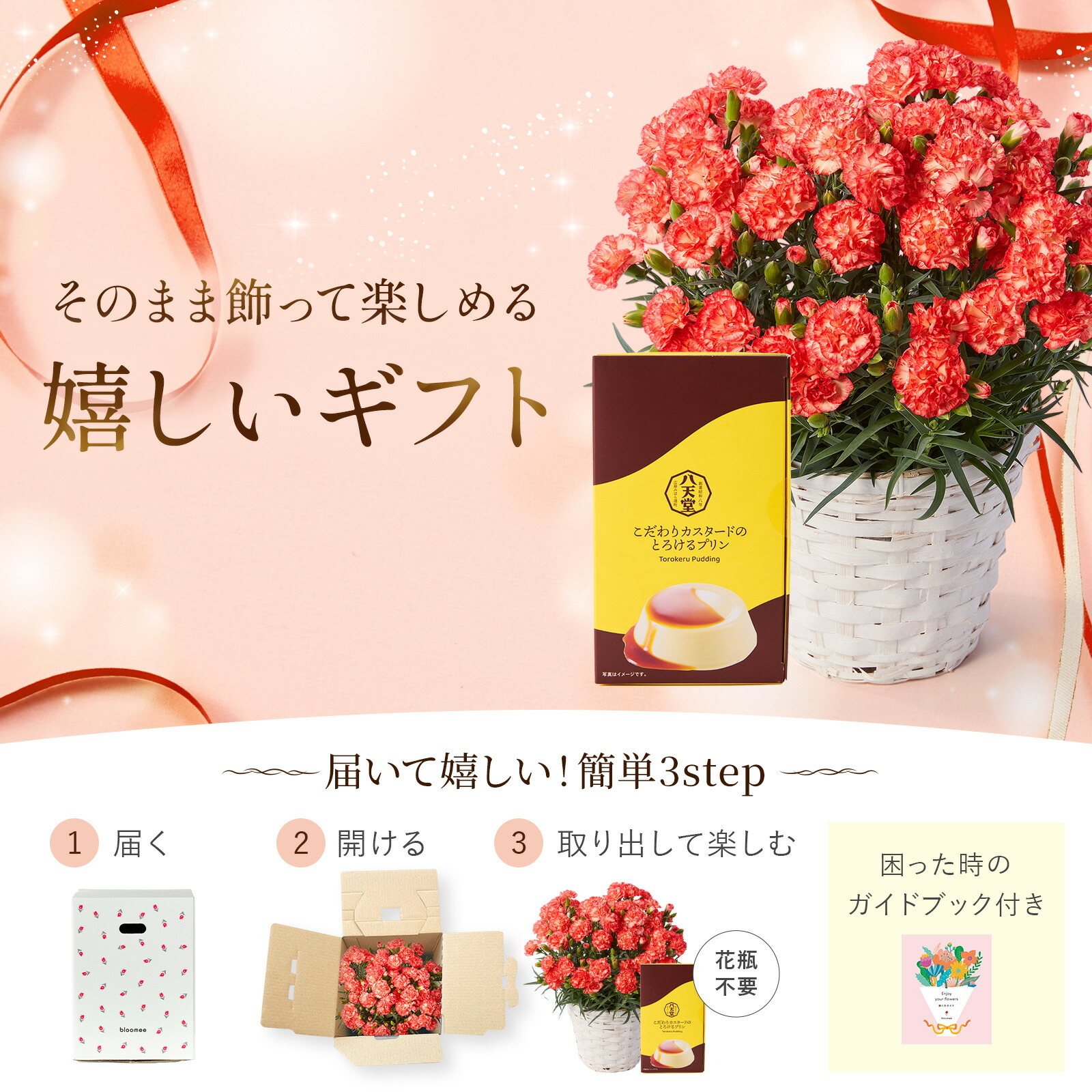 鉢植え カーネーション オレンジ(テキーラ) と 八天堂プリン のセット【母の日カード付き】