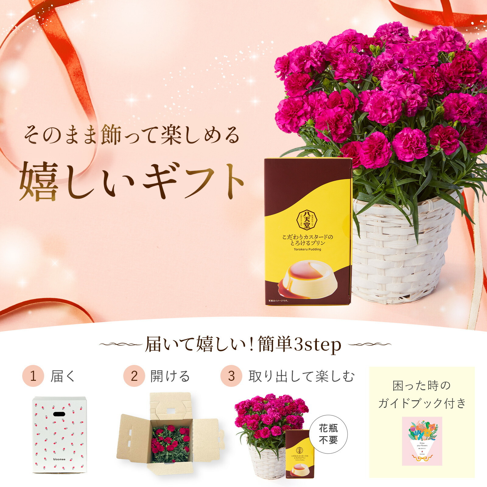 鉢植え カーネーション 紫色(ムジカ) と 八天堂プリン のセット【母の日カード付き】