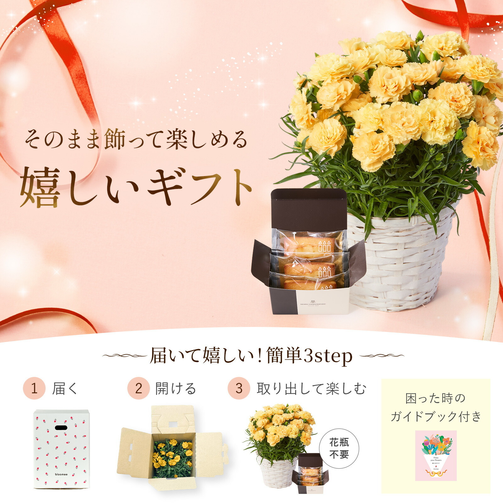 鉢植え カーネーション 黄色(ハニームーン)と アンリ・シャルパンティエ フィナンシェ のセット【母の日カード付き】