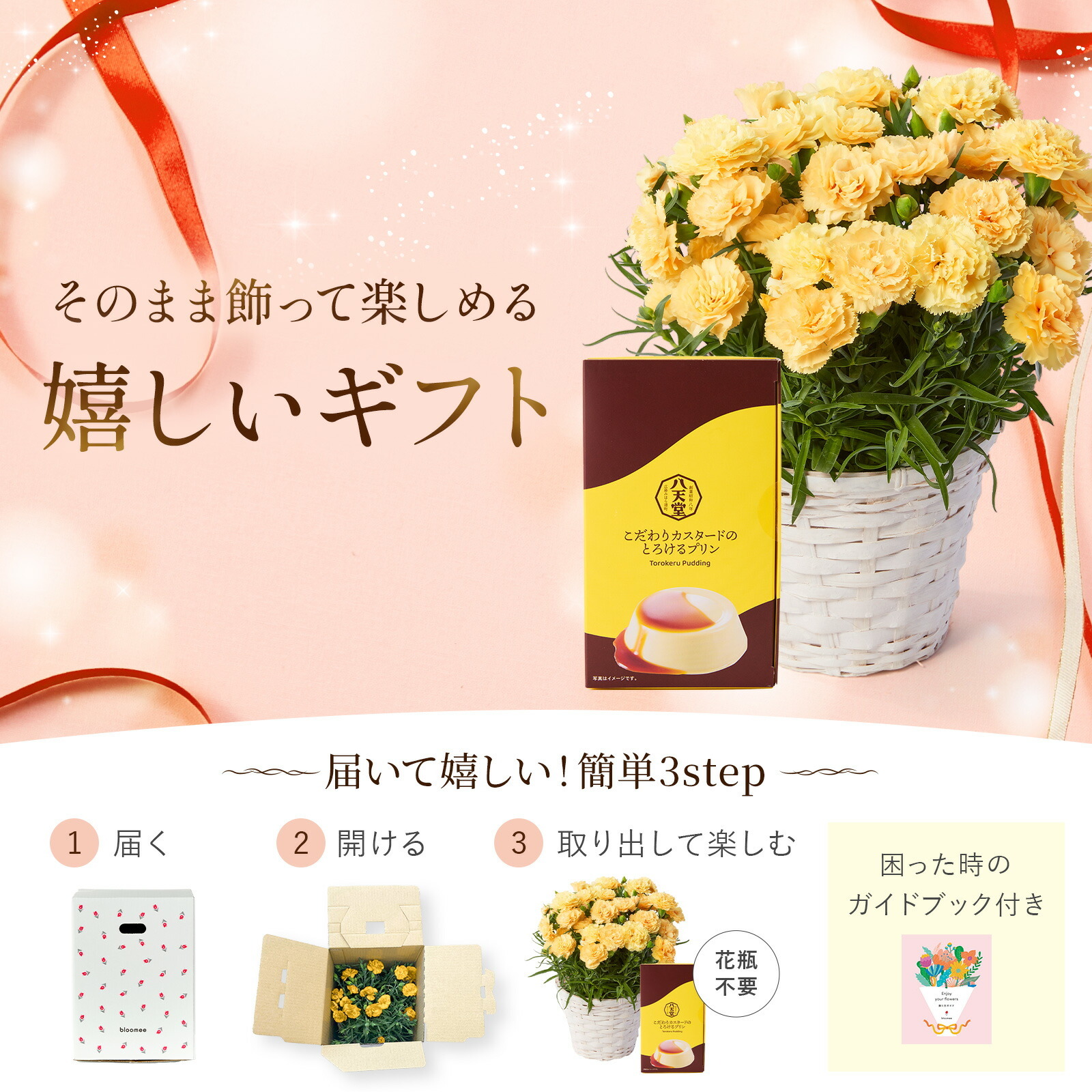 鉢植え カーネーション 黄色(ハニームーン) と 八天堂プリン のセット【母の日カード付き】