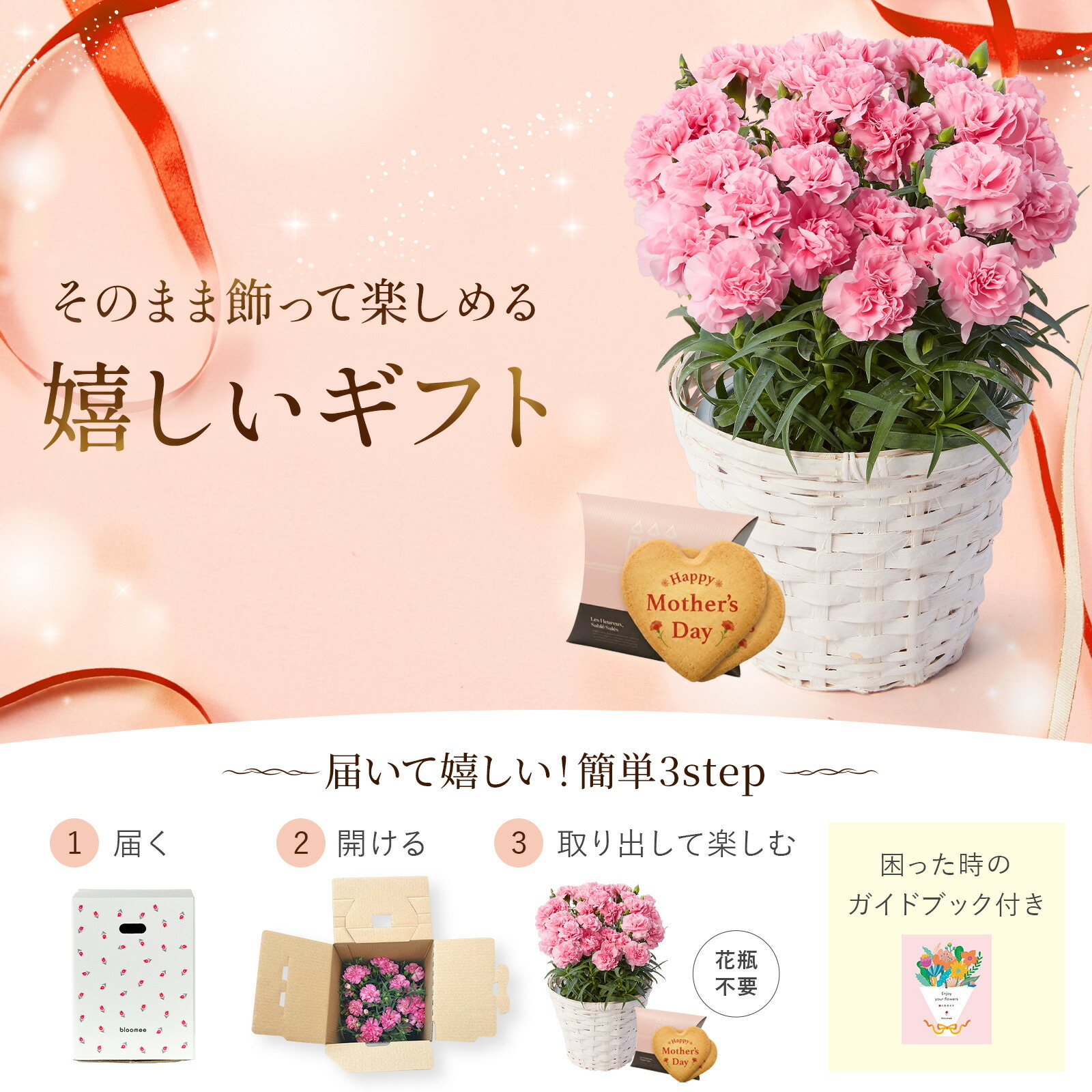 鉢植え カーネーション ピンク(クレア) と アンリ・シャルパンティエ しあわせサブレ のセット【母の日カード付き】