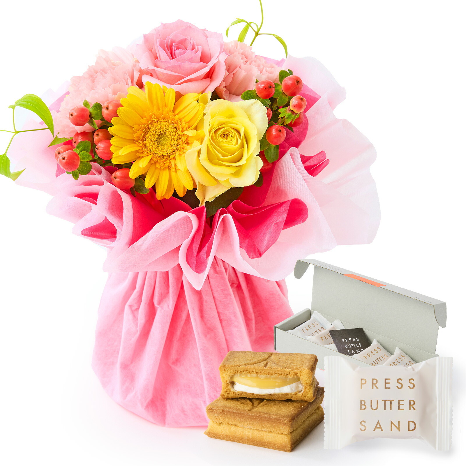 そのまま飾れるブーケ(カラフル、Sサイズ) と プレスバターサンド バターサンド のセット【母の日カード付き】