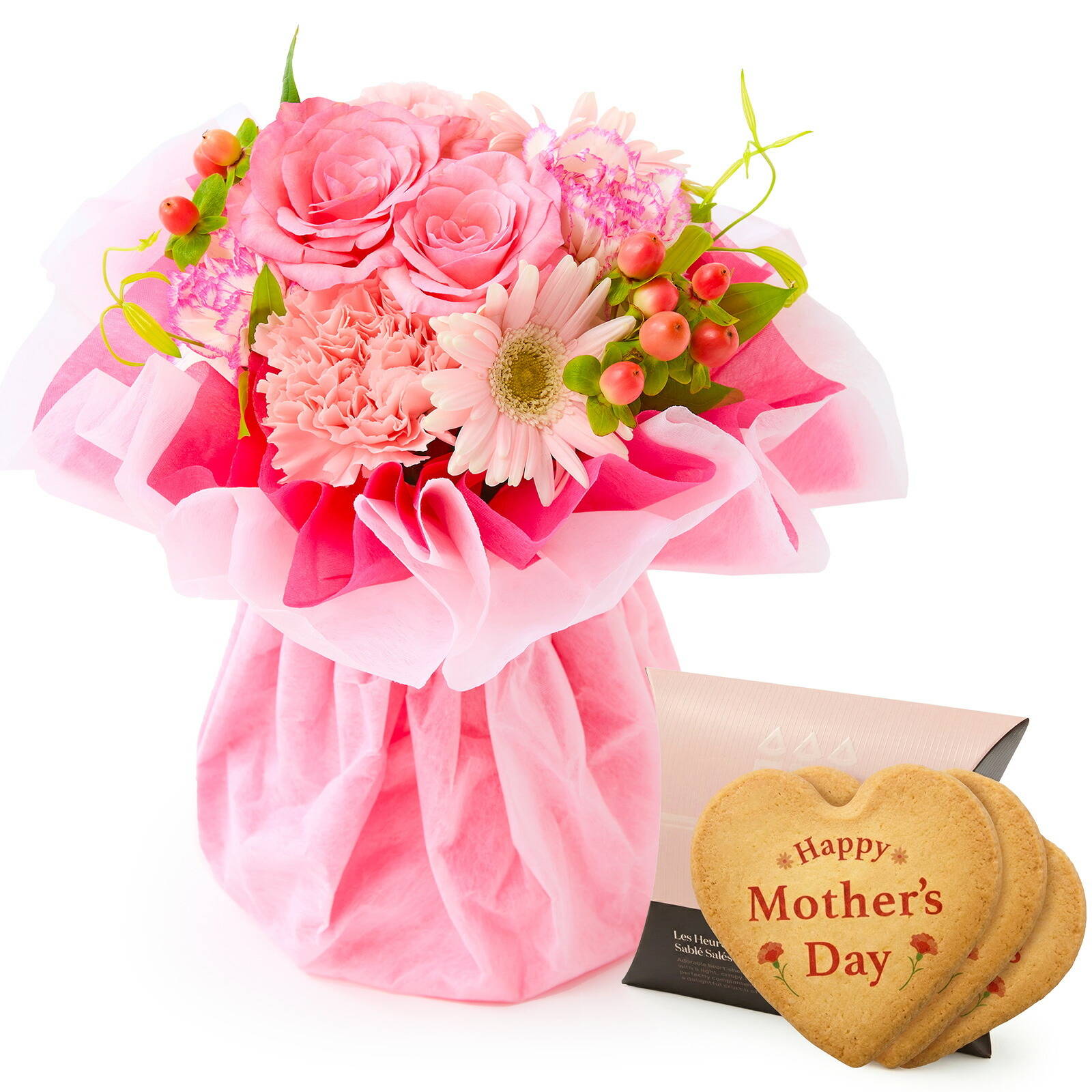 そのまま飾れるブーケ(ピンク、Sサイズ) と アンリ・シャルパンティエ しあわせサブレ のセット【母の日カード付き】