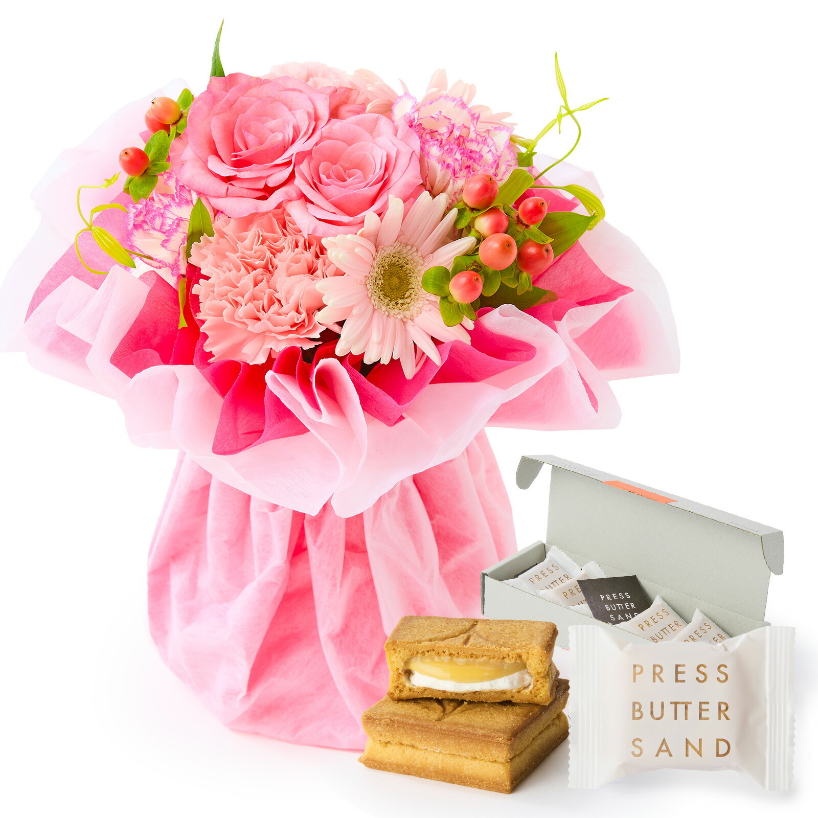 そのまま飾れるブーケ(ピンク、Sサイズ) と プレスバターサンド バターサンド のセット【母の日カード付き】