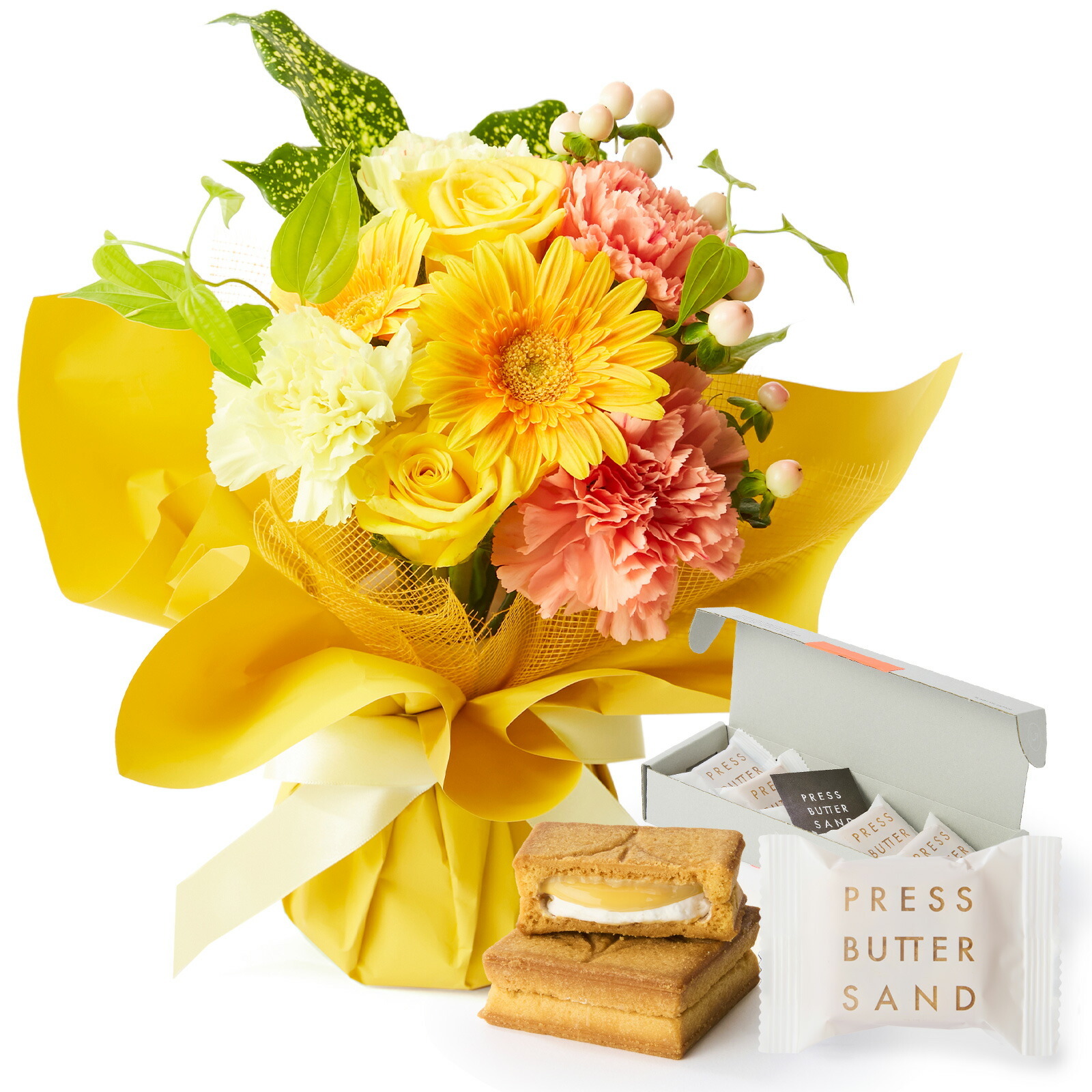 そのまま飾れるブーケ(黄色、Sサイズ) と プレスバターサンド バターサンド のセット【母の日カード付き】